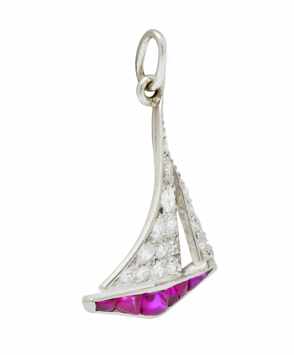 Smooth Sailing Art Deco Diamond Ruby Platinum Sailboat Charm - Wilson's Estate Jewelry