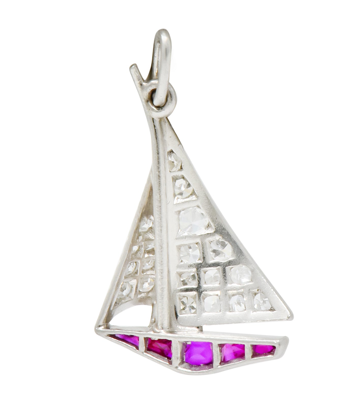 Smooth Sailing Art Deco Diamond Ruby Platinum Sailboat Charm - Wilson's Estate Jewelry