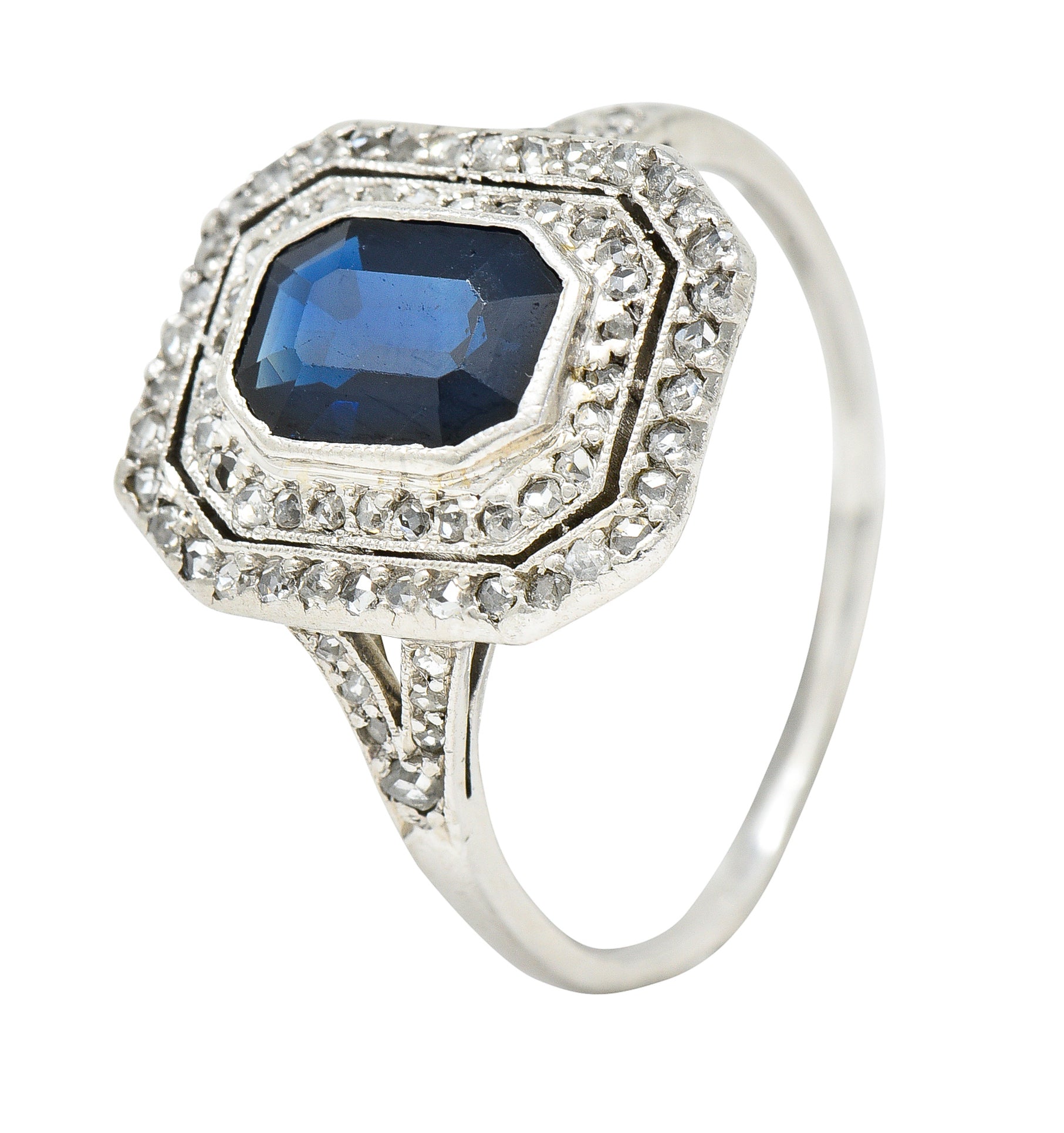 1920's Early Art Deco 1.75 CTW Sapphire Diamond Platinum Double Halo Ring Wilson's Estate Jewelry