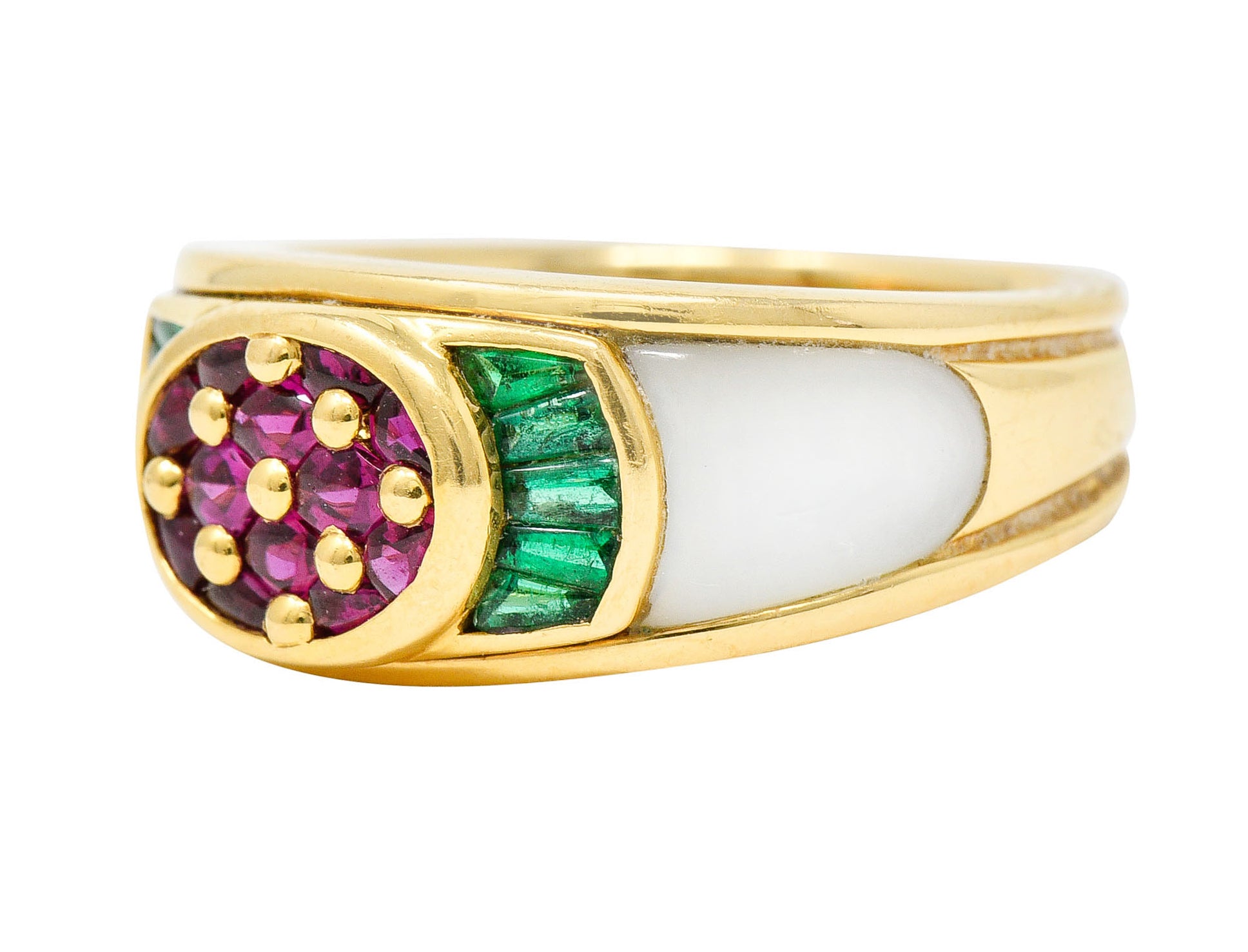 1990s Mauboussin Paris Ruby Emerald Mother-Of-Pearl 18 Karat Gold Band RingRing - Wilson's Estate Jewelry