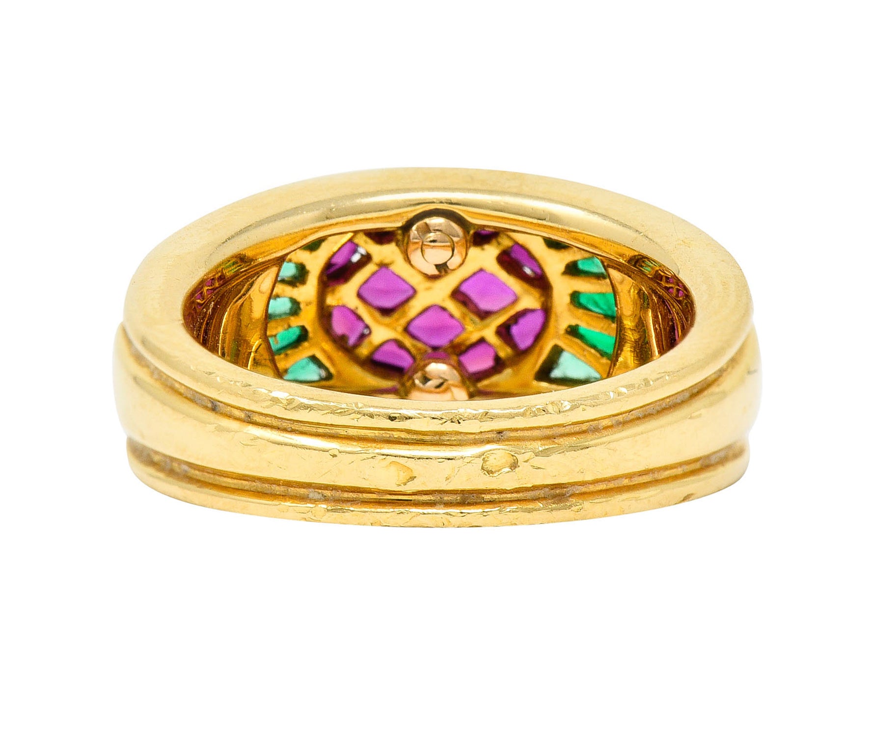 1990s Mauboussin Paris Ruby Emerald Mother-Of-Pearl 18 Karat Gold Band RingRing - Wilson's Estate Jewelry