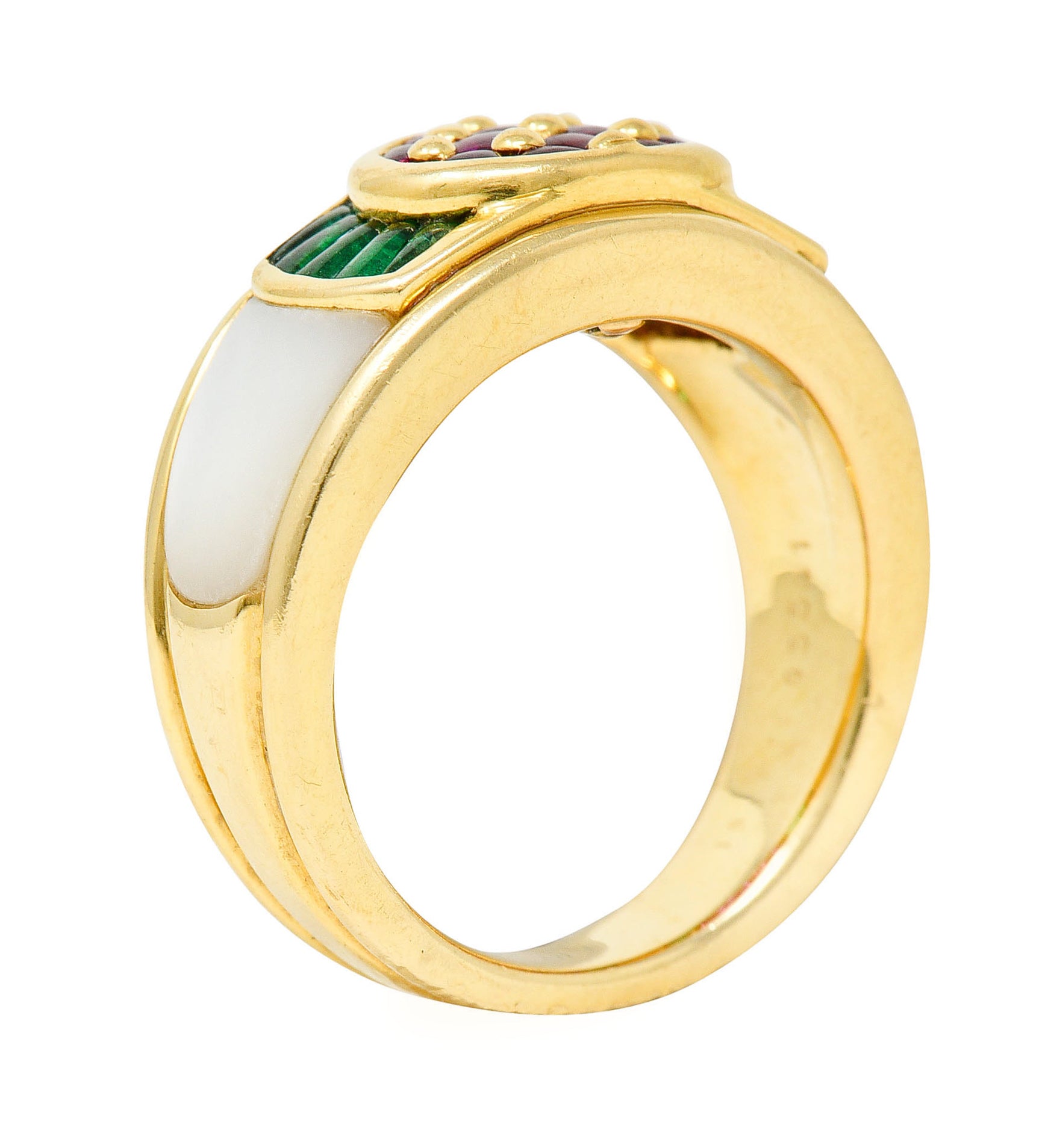 1990s Mauboussin Paris Ruby Emerald Mother-Of-Pearl 18 Karat Gold Band RingRing - Wilson's Estate Jewelry