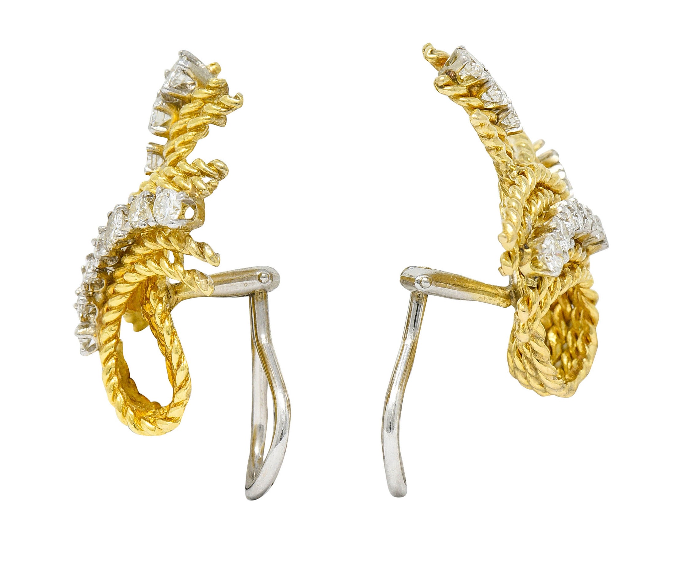 1950's Mid-Century 1.45 CTW Diamond 18 Karat Two-Tone Gold Twisted Rope Ear-Clip EarringsEarrings - Wilson's Estate Jewelry