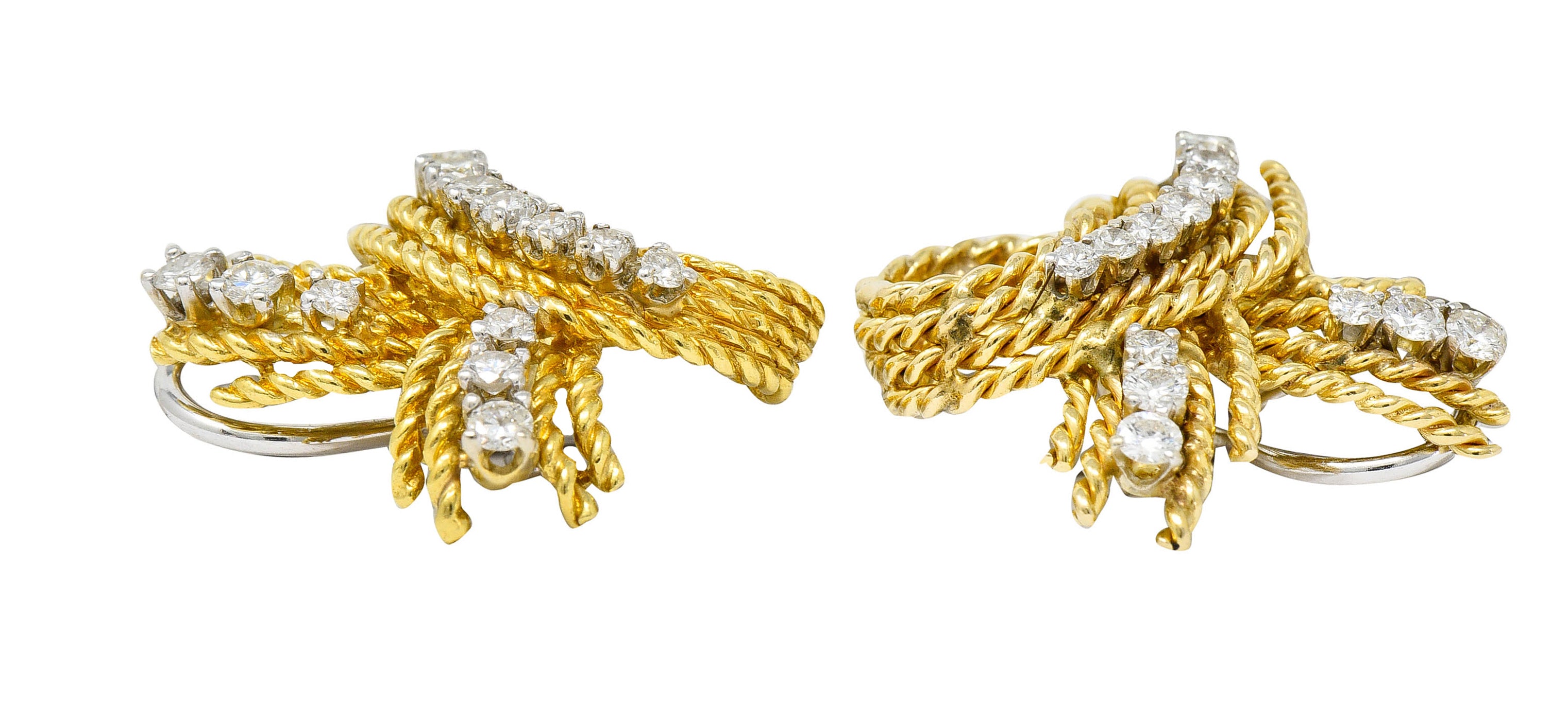 1950's Mid-Century 1.45 CTW Diamond 18 Karat Two-Tone Gold Twisted Rope Ear-Clip EarringsEarrings - Wilson's Estate Jewelry