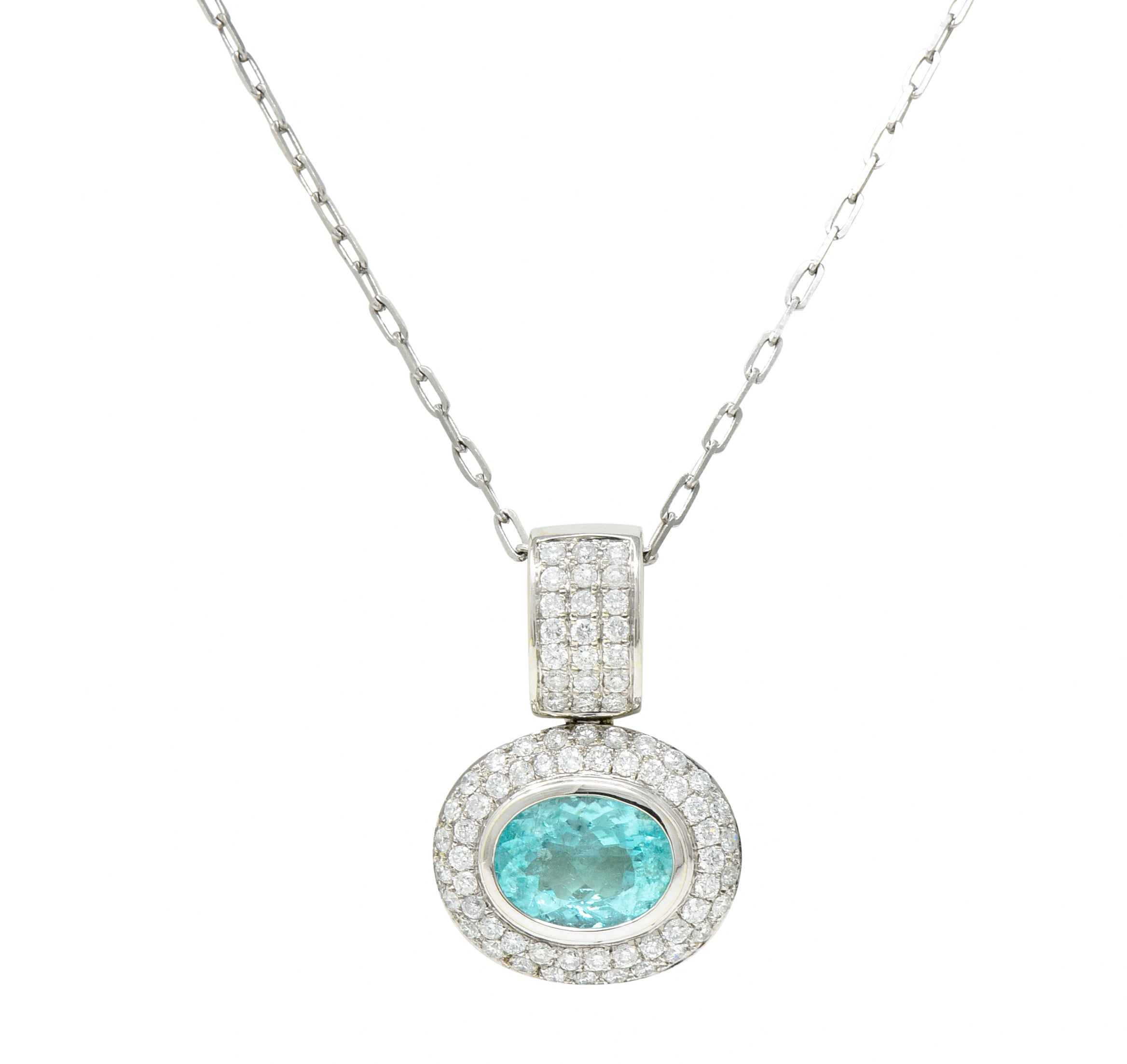 5.50 CTW Paraiba Type Tourmaline Diamond 18 Karat White Gold Contemporary Pendant Necklace GIA Wilson's Estate Jewelry