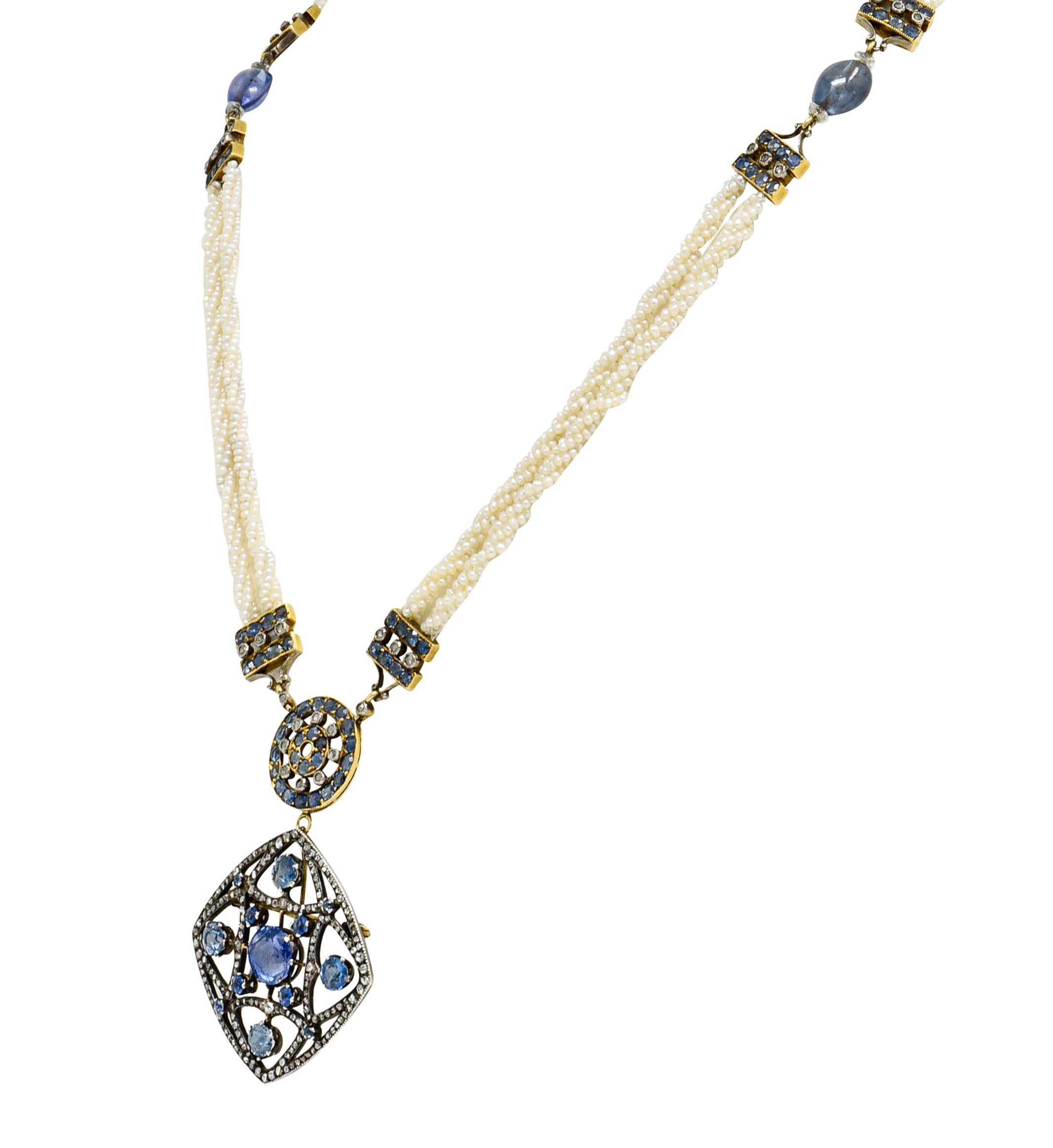 Victorian Sapphire Diamond Pearl Silver-Topped 18 Karat Gold Strand Pendant Sautoir NecklaceNecklace - Wilson's Estate Jewelry