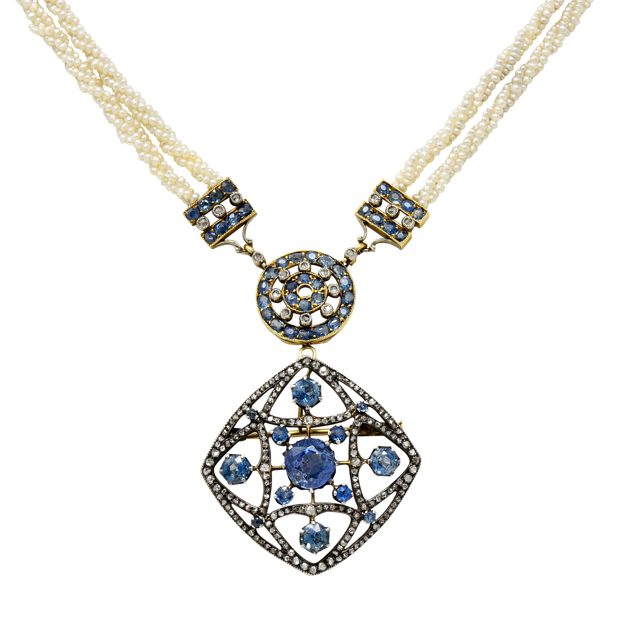 Victorian Sapphire Diamond Pearl Silver-Topped 18 Karat Gold Strand Pendant Sautoir NecklaceNecklace - Wilson's Estate Jewelry