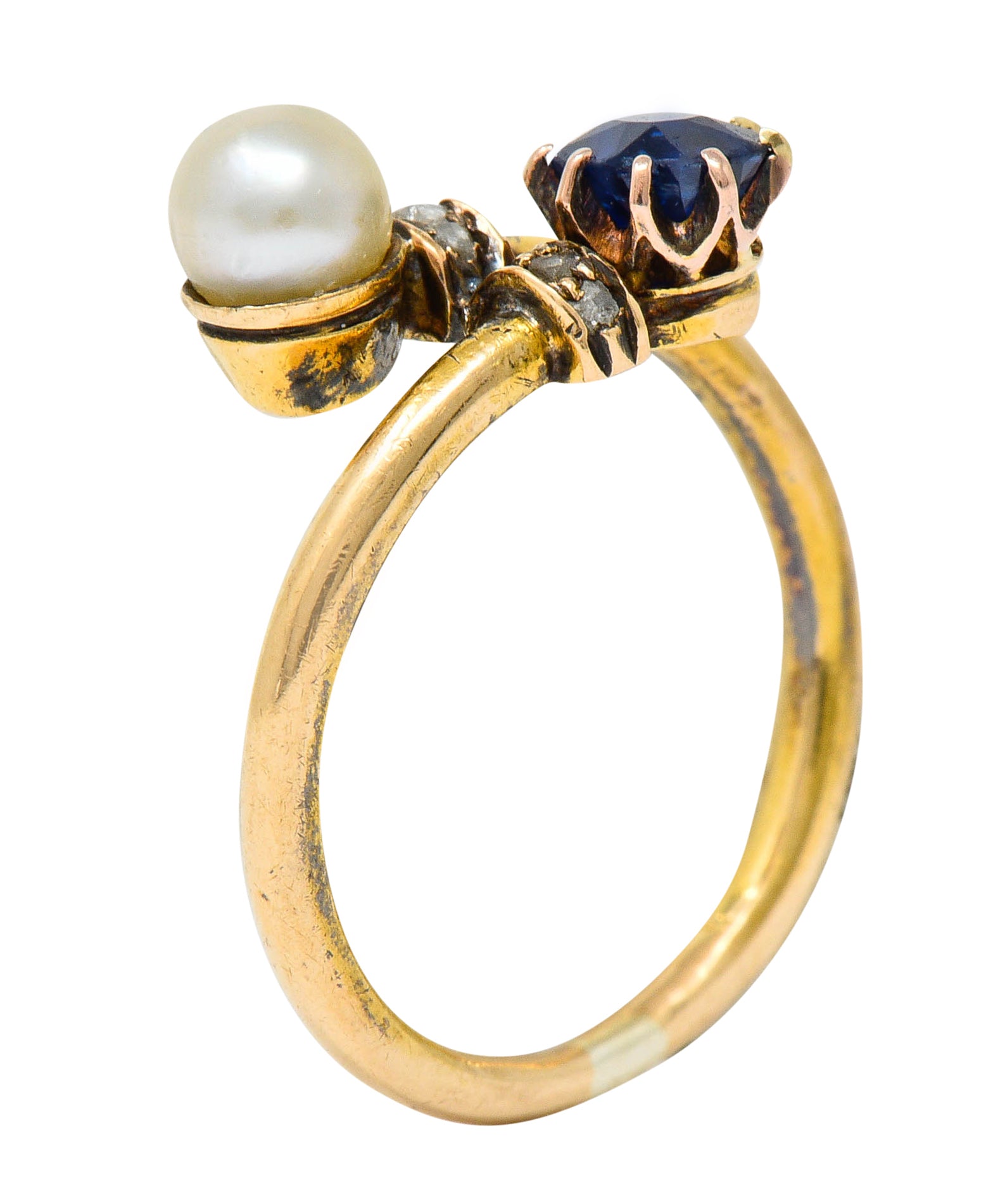 Victorian Sapphire Pearl Diamond 18 Karat Gold Bypass RingRing - Wilson's Estate Jewelry