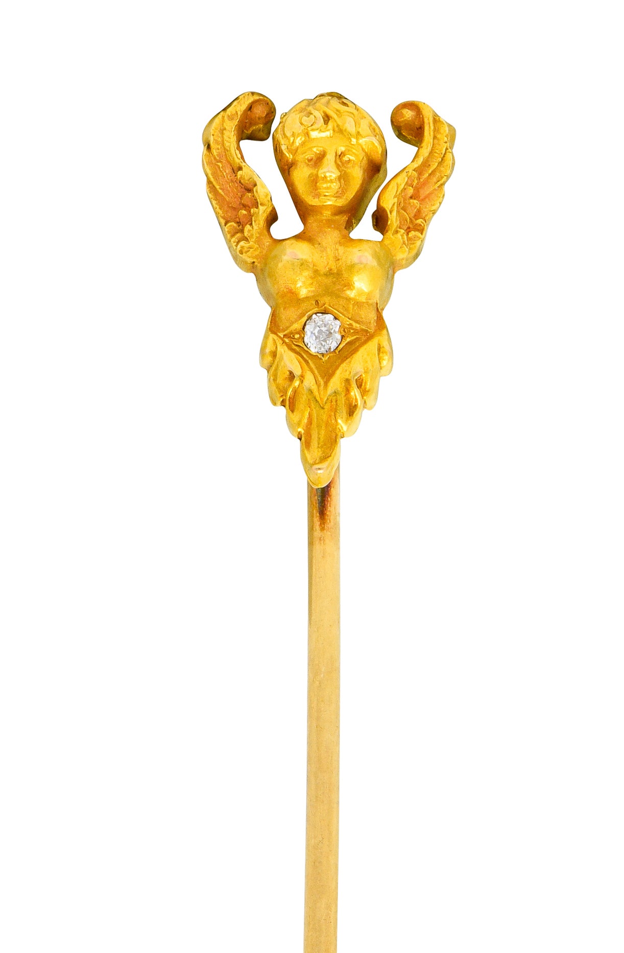 H.A. Kirby Art Nouveau Pearl Diamond 14 Karat Gold Angel Stickpin - Wilson's Estate Jewelry