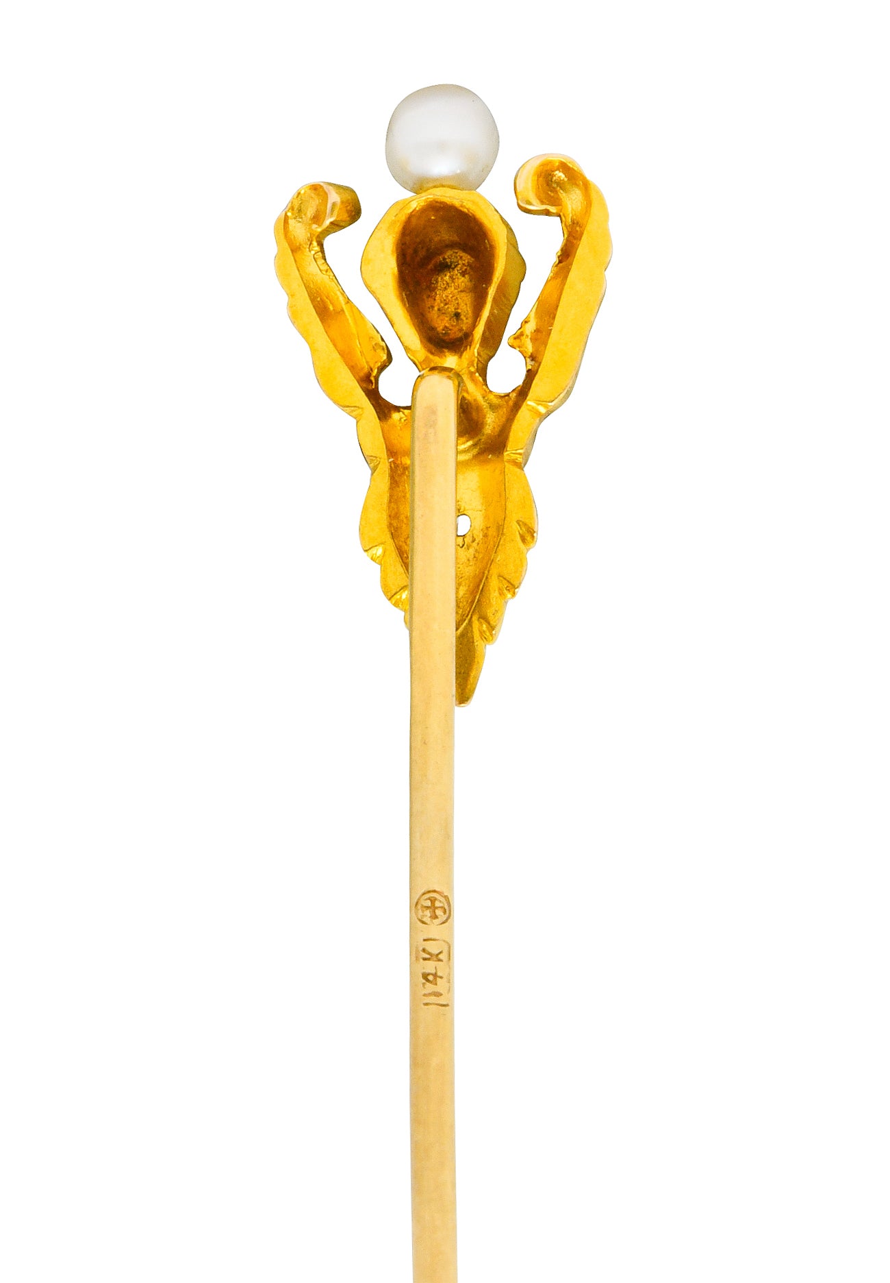 H.A. Kirby Art Nouveau Pearl Diamond 14 Karat Gold Angel Stickpin - Wilson's Estate Jewelry