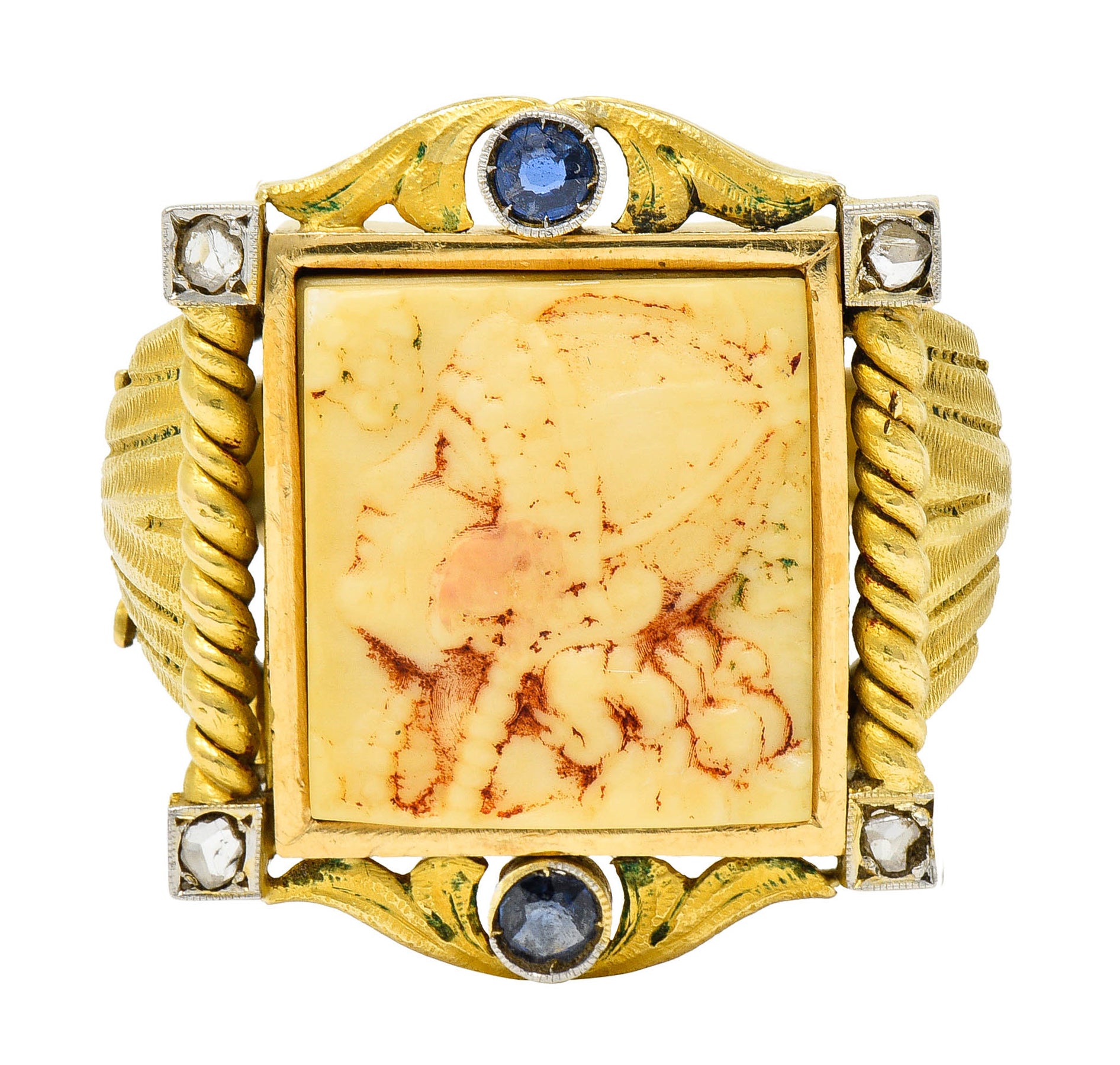 Hindu Sapphire Diamond Carved Bone 22 Karat Gold Lakshmi Goddess RingRing - Wilson's Estate Jewelry