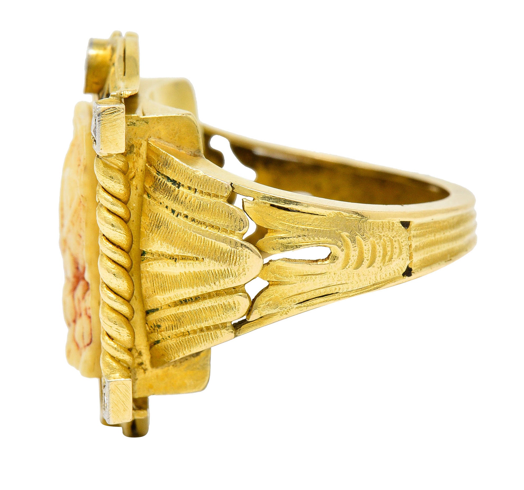 Hindu Sapphire Diamond Carved Bone 22 Karat Gold Lakshmi Goddess RingRing - Wilson's Estate Jewelry