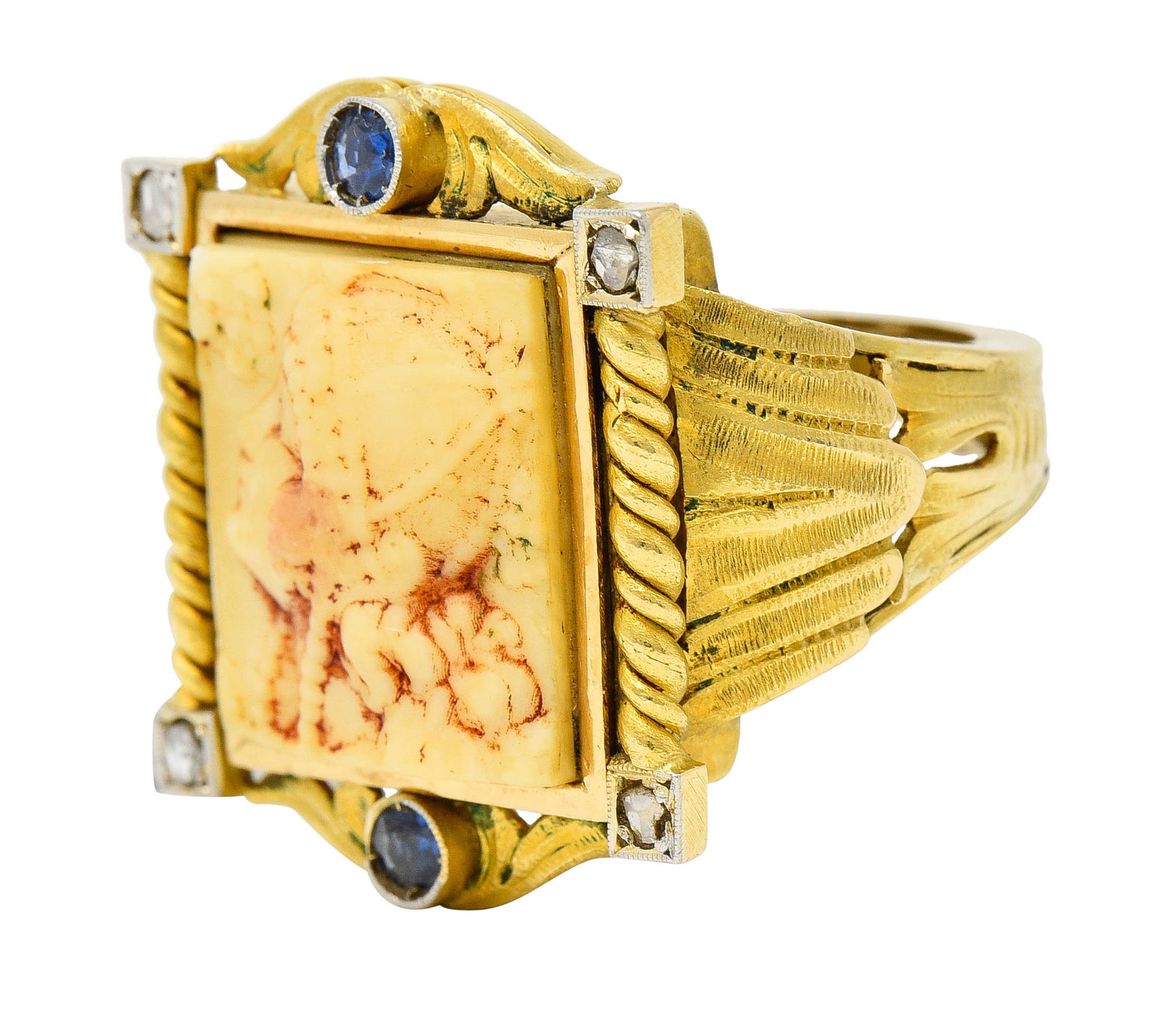 Hindu Sapphire Diamond Carved Bone 22 Karat Gold Lakshmi Goddess RingRing - Wilson's Estate Jewelry