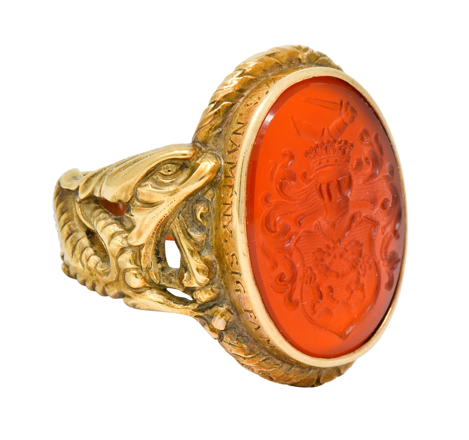 Victorian Carnelian Intaglio 14 Karat Gold Heraldry Men's Dragon Signet Ring - Wilson's Estate Jewelry