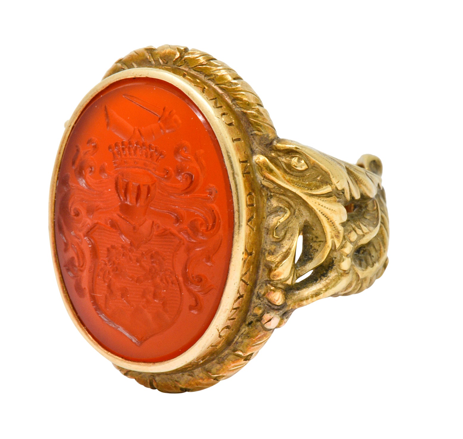 Victorian Carnelian Intaglio 14 Karat Gold Heraldry Men's Dragon Signet Ring - Wilson's Estate Jewelry