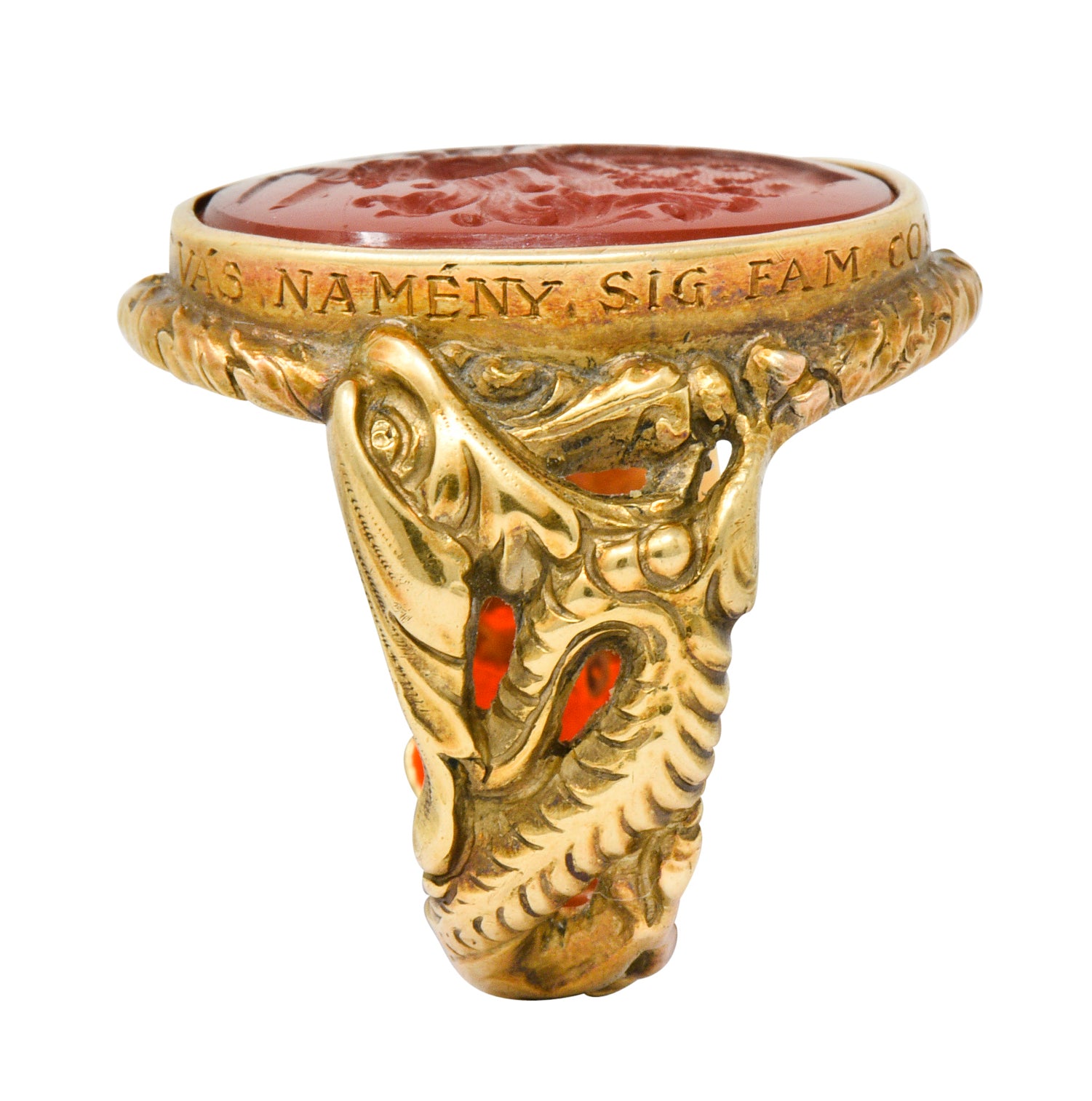 Victorian Carnelian Intaglio 14 Karat Gold Heraldry Men's Dragon Signet Ring - Wilson's Estate Jewelry