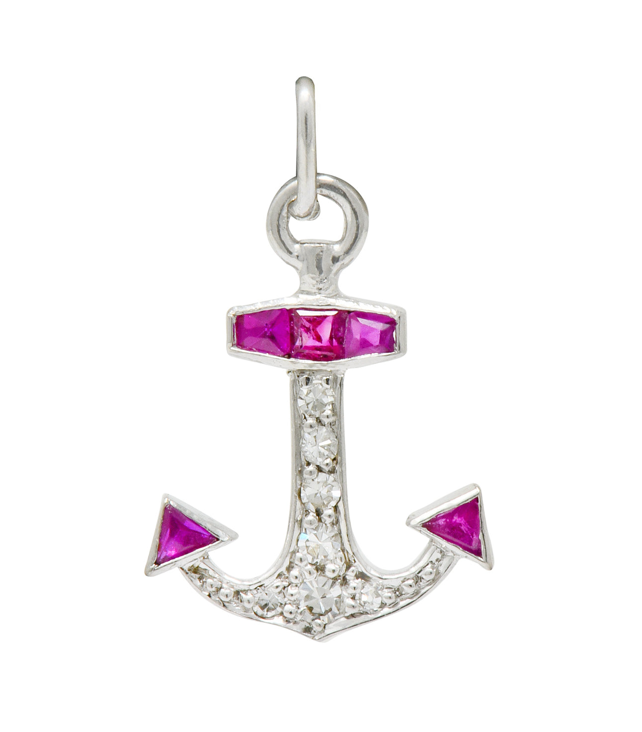 Darling Art Deco Diamond Ruby Platinum Anchor Charm - Wilson's Estate Jewelry