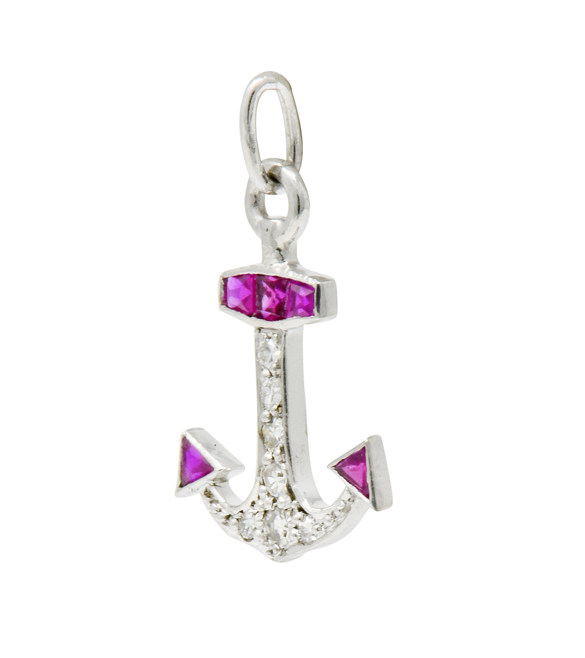 Darling Art Deco Diamond Ruby Platinum Anchor Charm - Wilson's Estate Jewelry