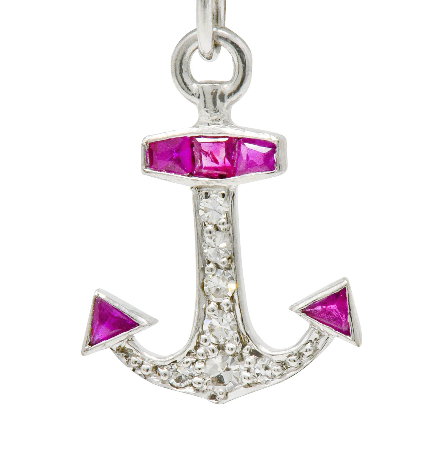 Darling Art Deco Diamond Ruby Platinum Anchor Charm - Wilson's Estate Jewelry