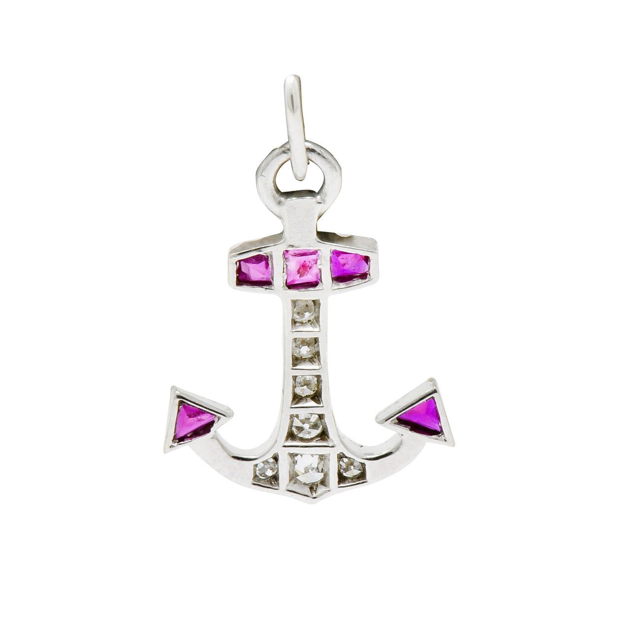 Darling Art Deco Diamond Ruby Platinum Anchor Charm - Wilson's Estate Jewelry