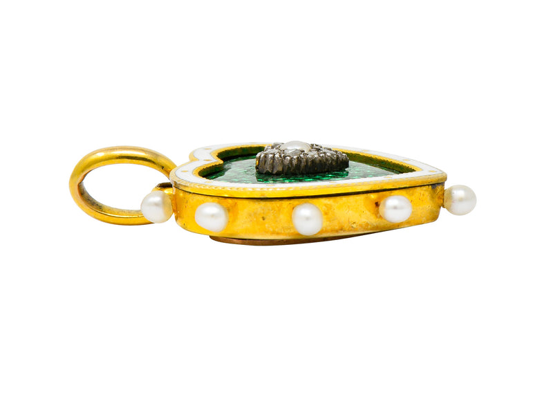 Victorian Green Enamel Pearl Diamond 18 Karat Gold Heart Pendant - Wilson's Estate Jewelry