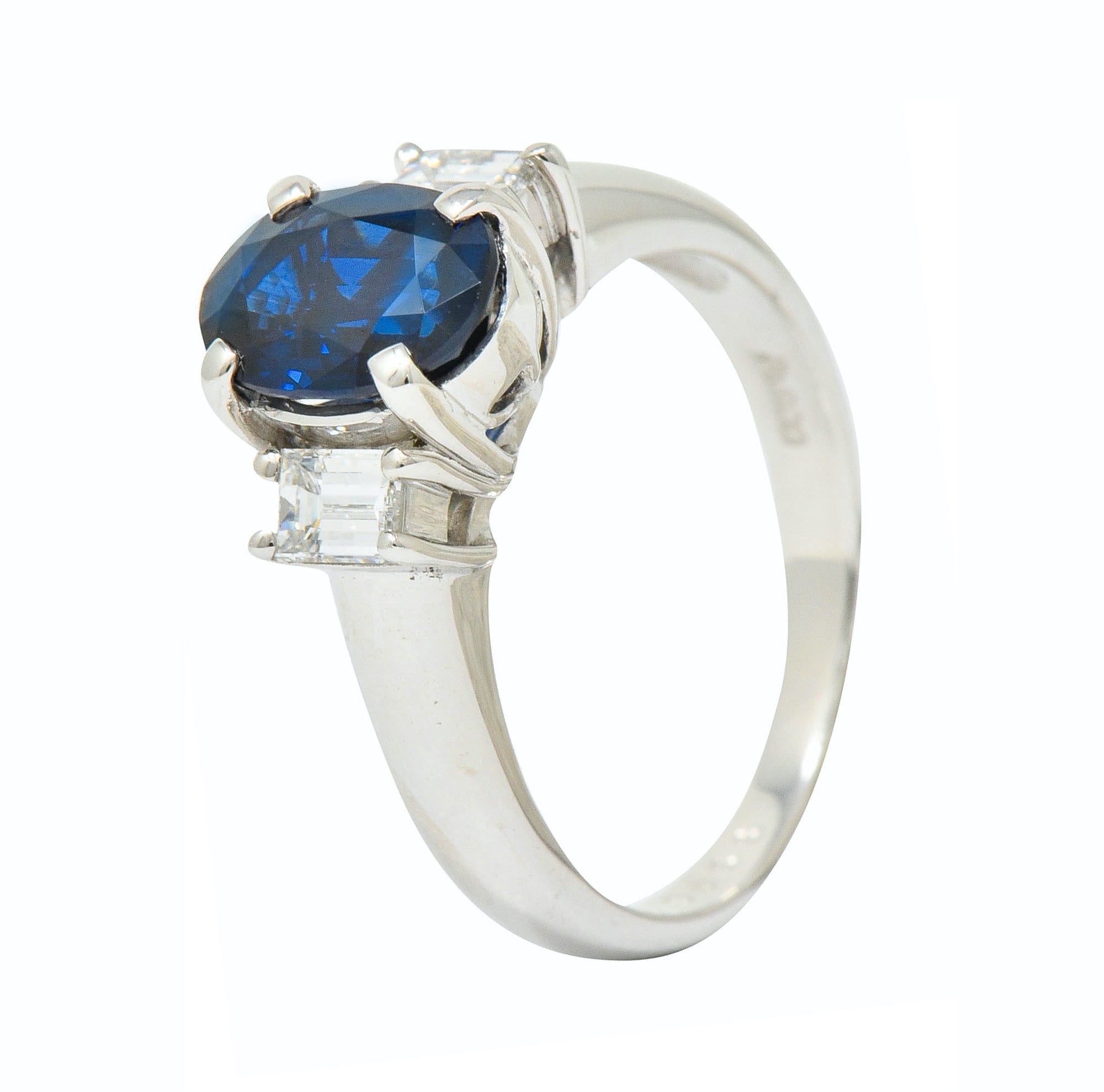 Contemporary 2.08 CTW Sapphire Diamond Platinum Three Stone RingRing - Wilson's Estate Jewelry