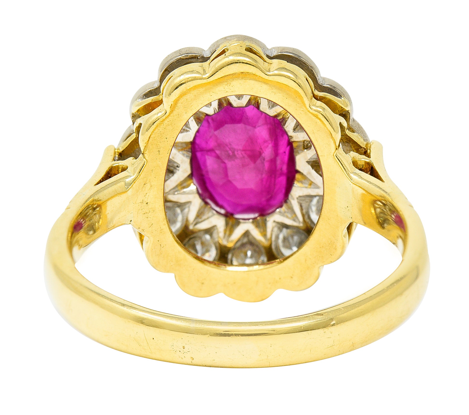 Vintage 3.00 CTW Ruby Diamond 18 Karat Two-Tone Gold Cluster Ring Wilson's Estate Jewelry