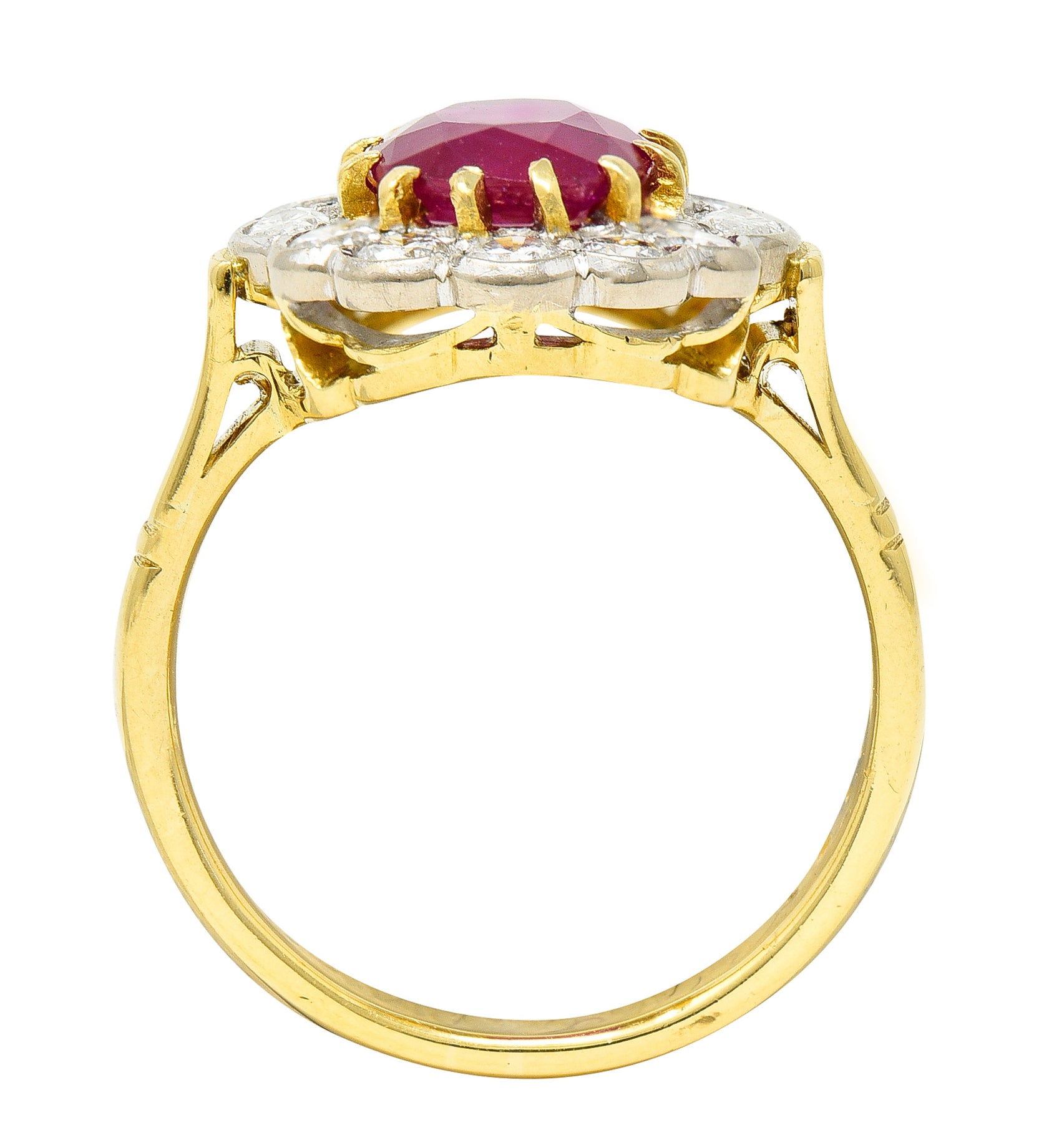 Vintage 3.00 CTW Ruby Diamond 18 Karat Two-Tone Gold Cluster Ring Wilson's Estate Jewelry