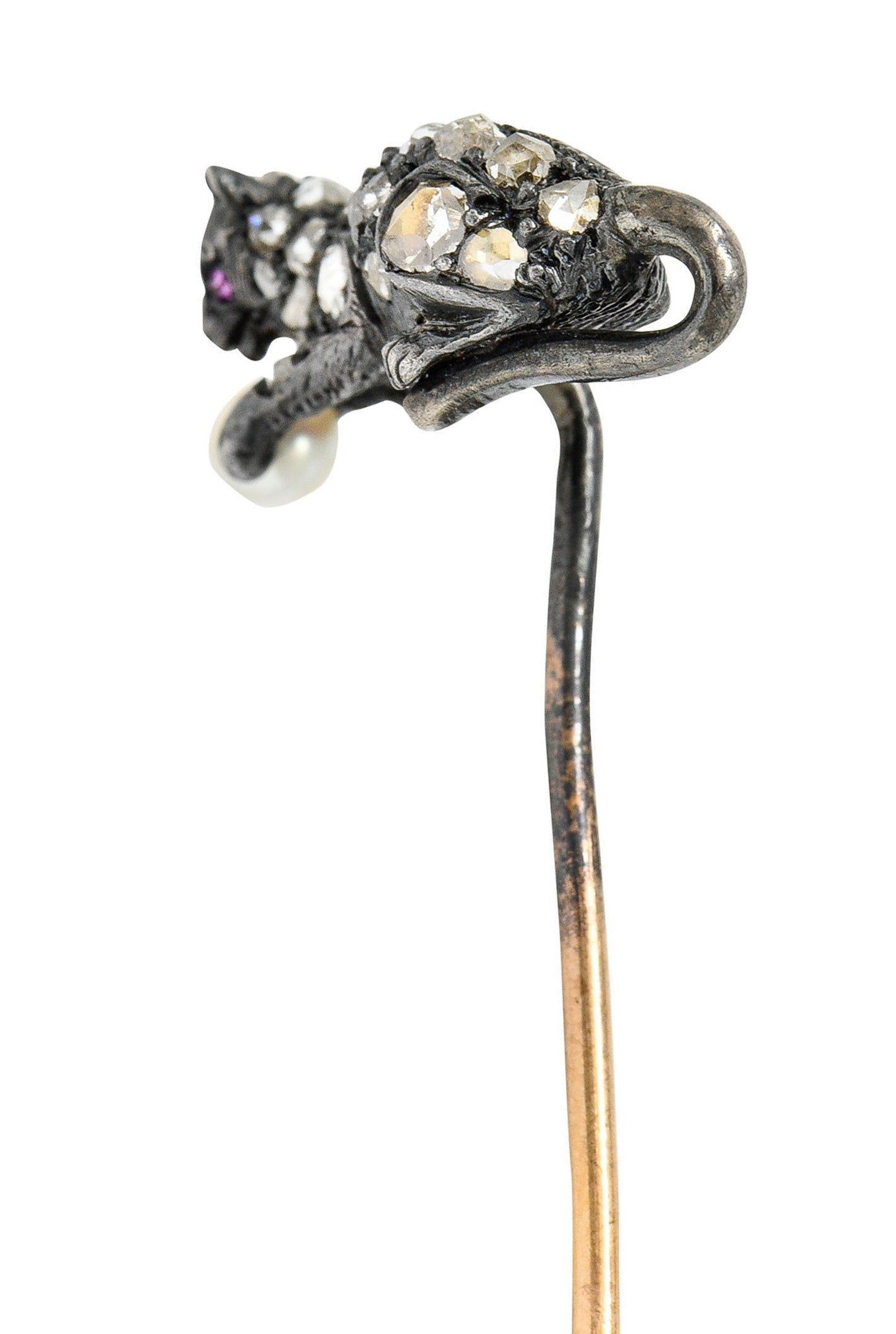 Victorian Pearl Rose Cut Diamond Silver 18 Karat Gold Kitten StickpinStick Pin - Wilson's Estate Jewelry