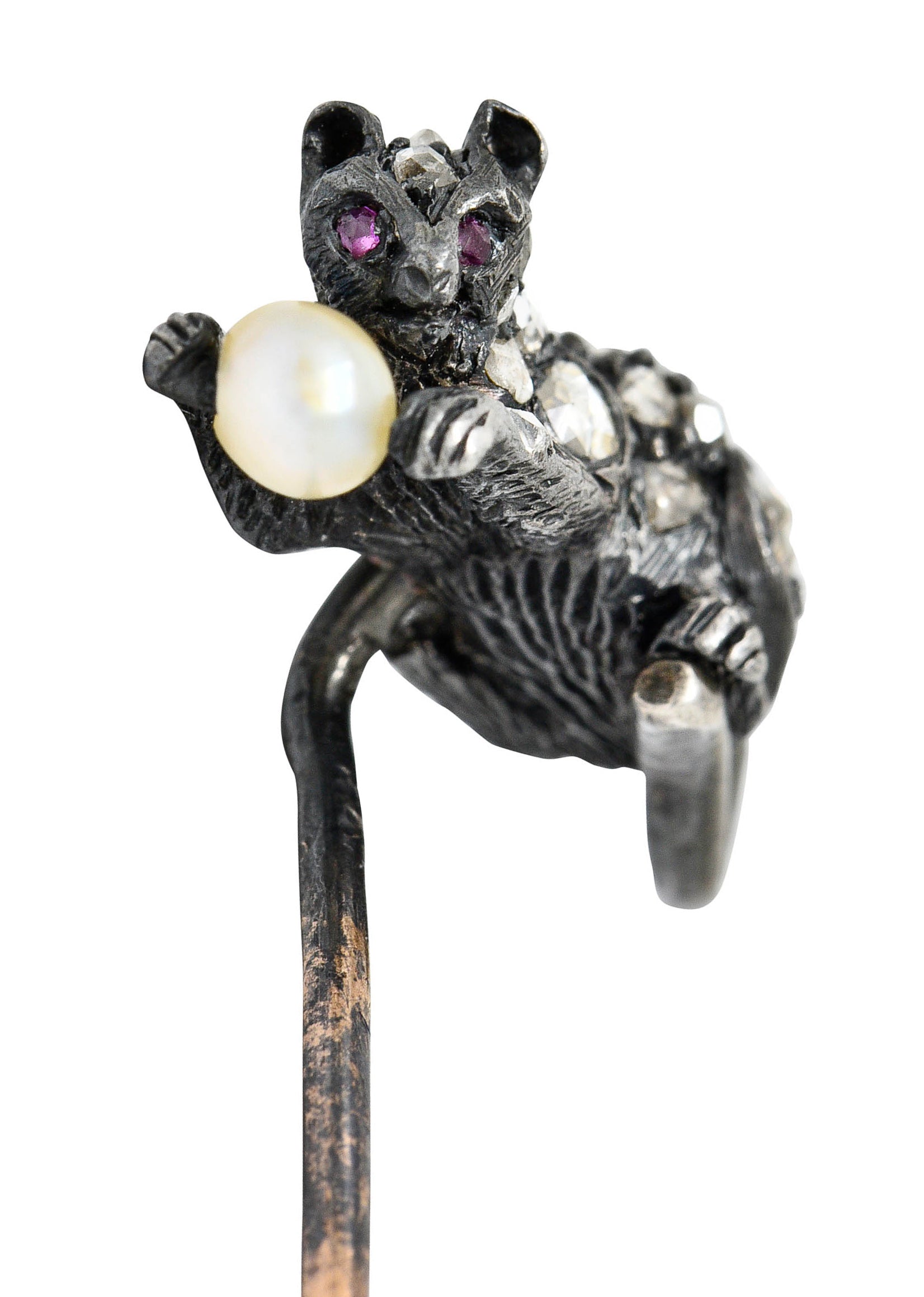 Victorian Pearl Rose Cut Diamond Silver 18 Karat Gold Kitten StickpinStick Pin - Wilson's Estate Jewelry