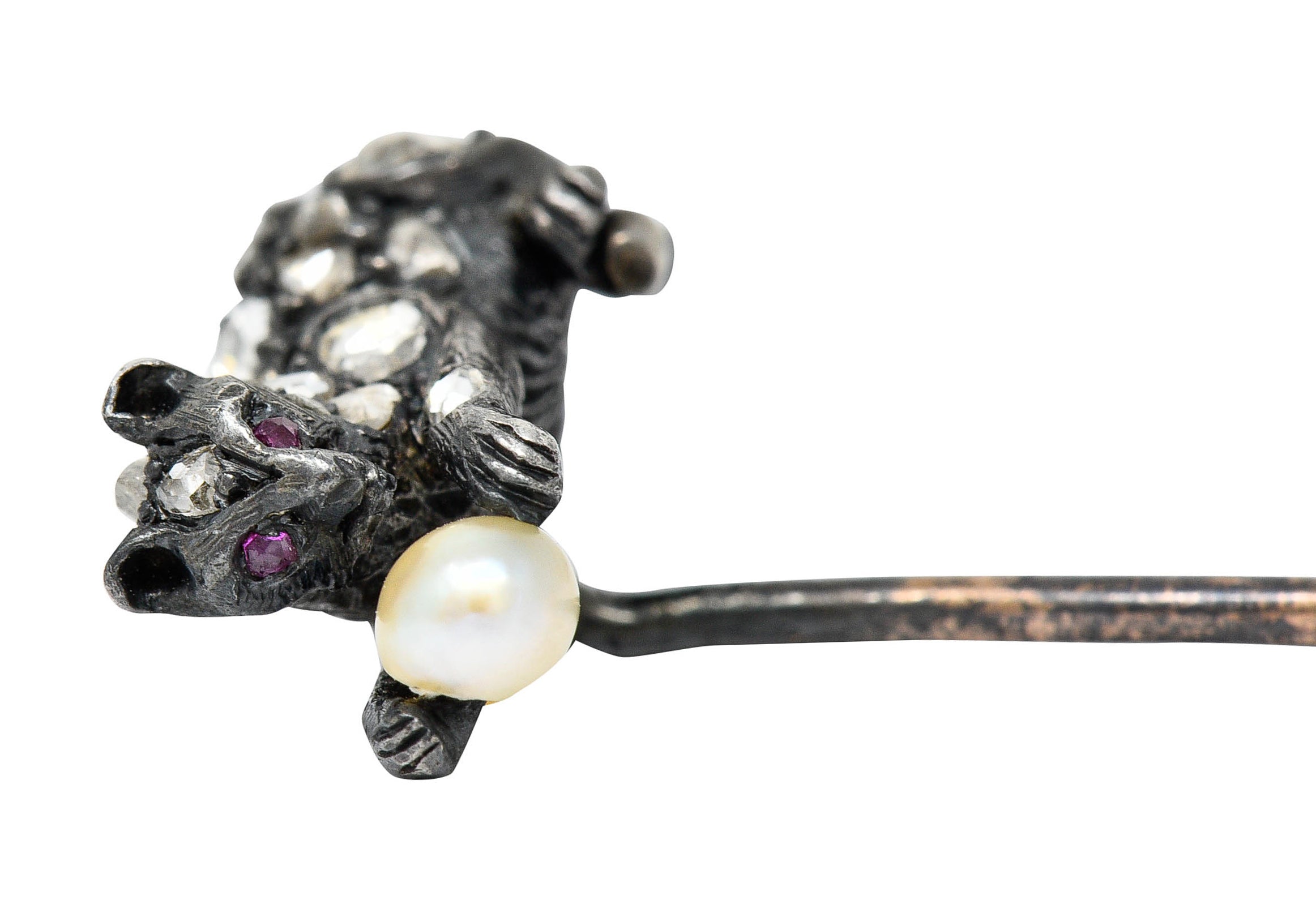 Victorian Pearl Rose Cut Diamond Silver 18 Karat Gold Kitten StickpinStick Pin - Wilson's Estate Jewelry