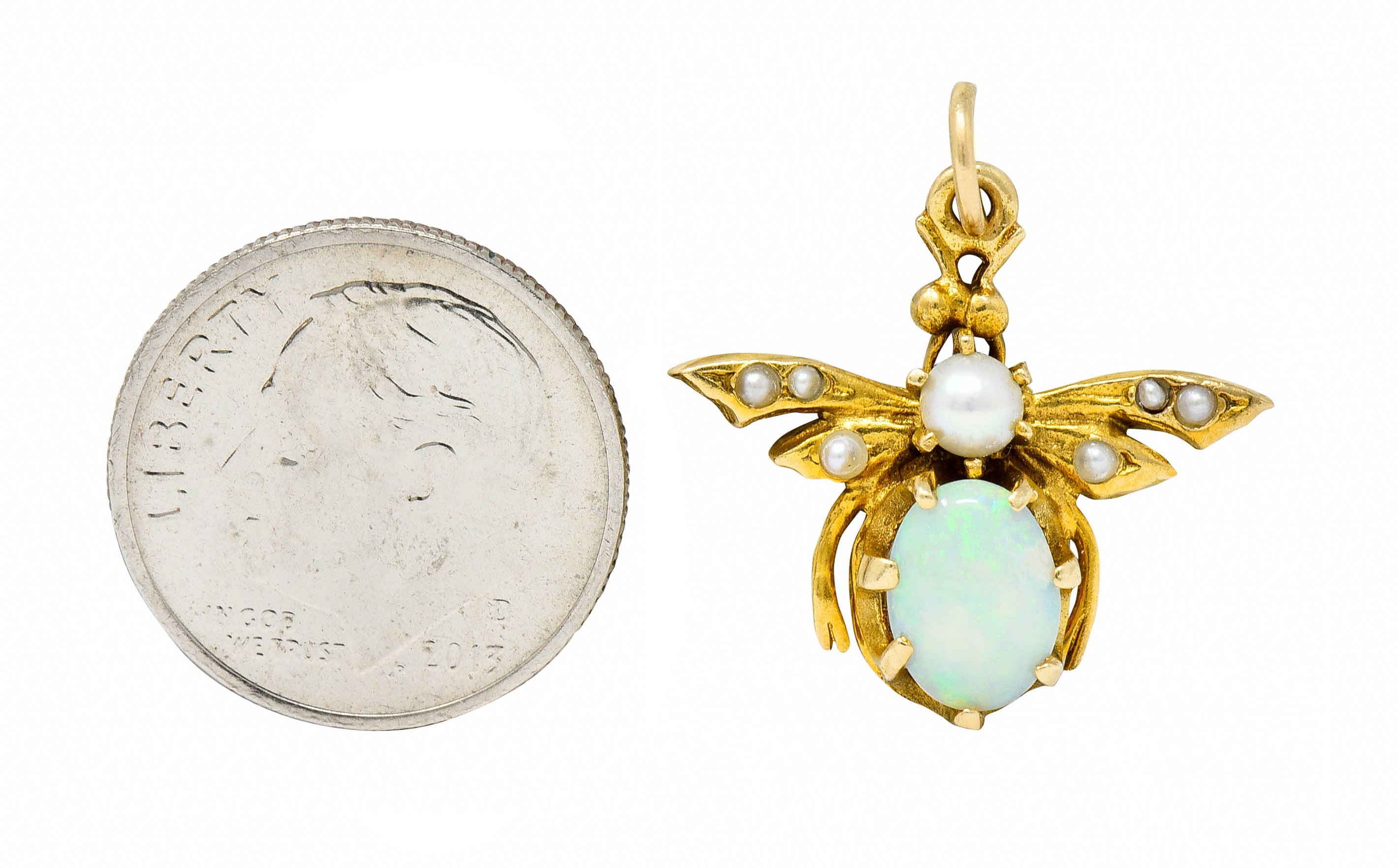 Art Nouveau Opal Pearl 14 Karat Gold Bee Insect Charmcharm - Wilson's Estate Jewelry