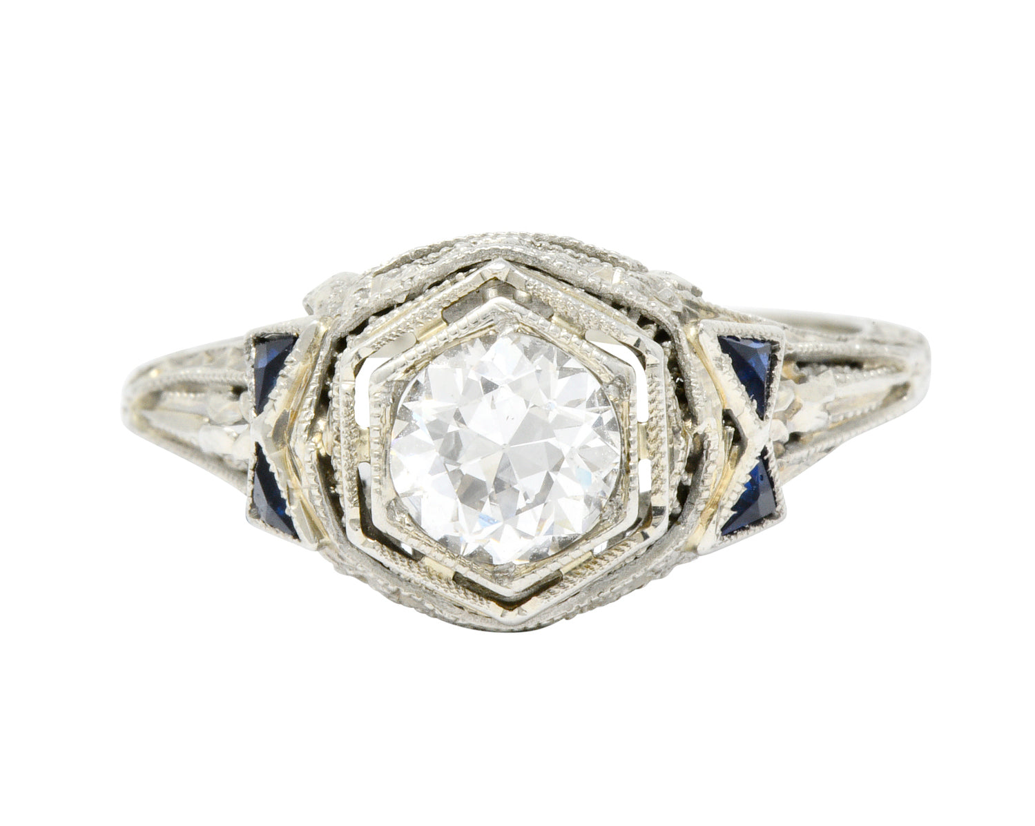 Art Deco 0.65 CTW Diamond Sapphire 18 Karat White Gold Engagement Ring Wilson's Estate Jewelry