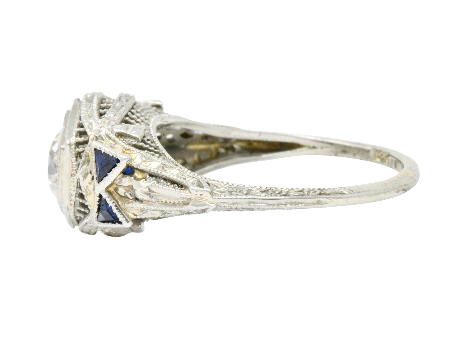 Art Deco 0.65 CTW Diamond Sapphire 18 Karat White Gold Engagement Ring Wilson's Estate Jewelry