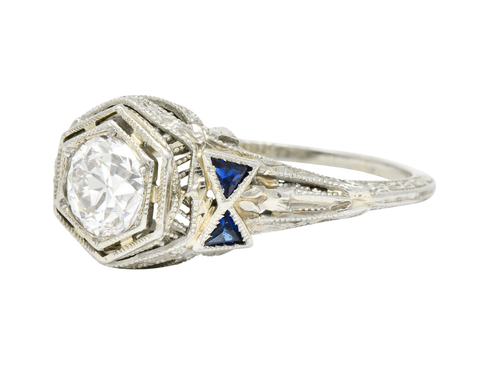 Art Deco 0.65 CTW Diamond Sapphire 18 Karat White Gold Engagement Ring Wilson's Estate Jewelry