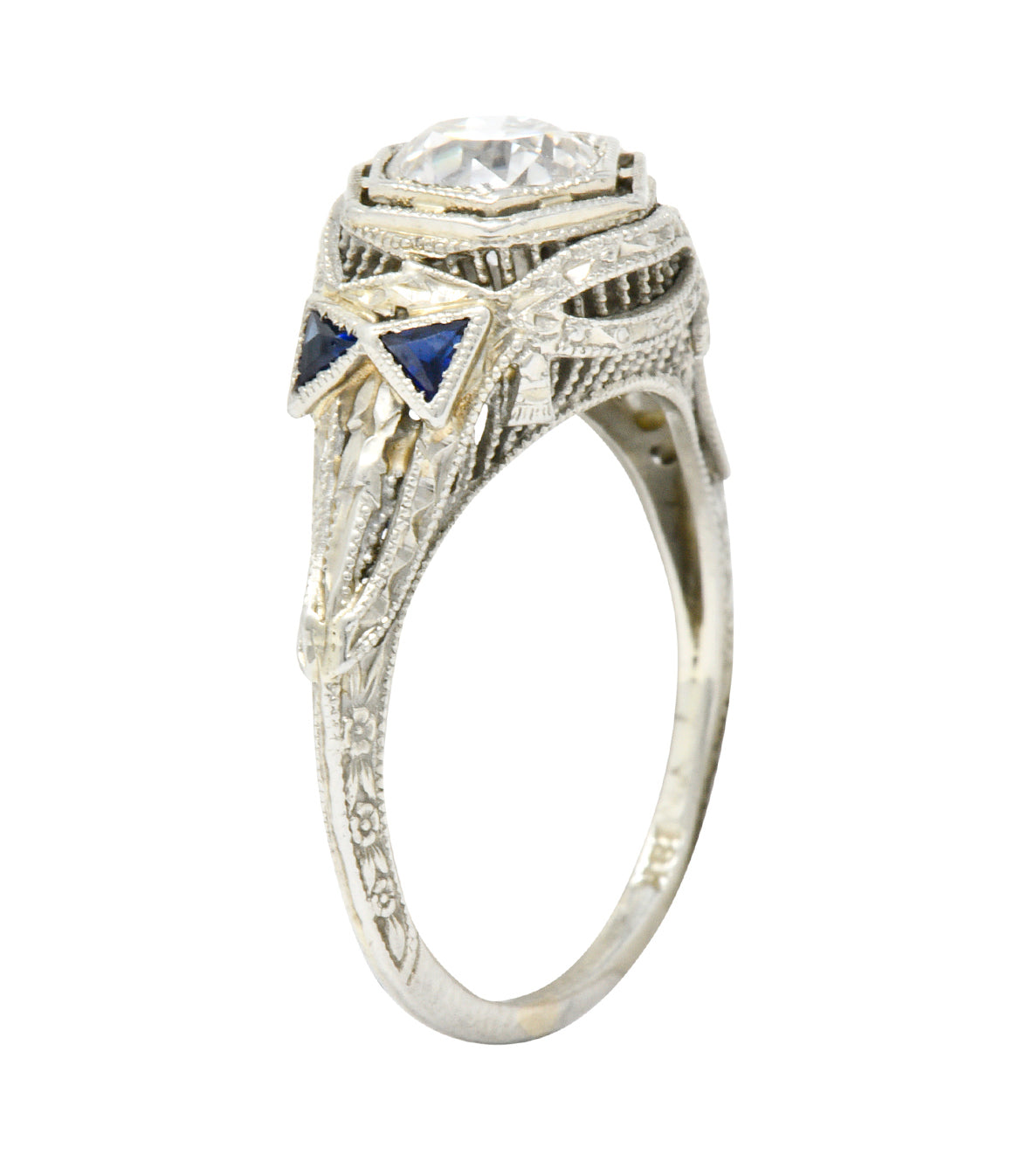 Art Deco 0.65 CTW Diamond Sapphire 18 Karat White Gold Engagement Ring Wilson's Estate Jewelry