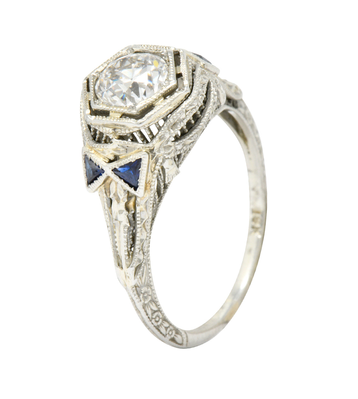 Art Deco 0.65 CTW Diamond Sapphire 18 Karat White Gold Engagement Ring Wilson's Estate Jewelry