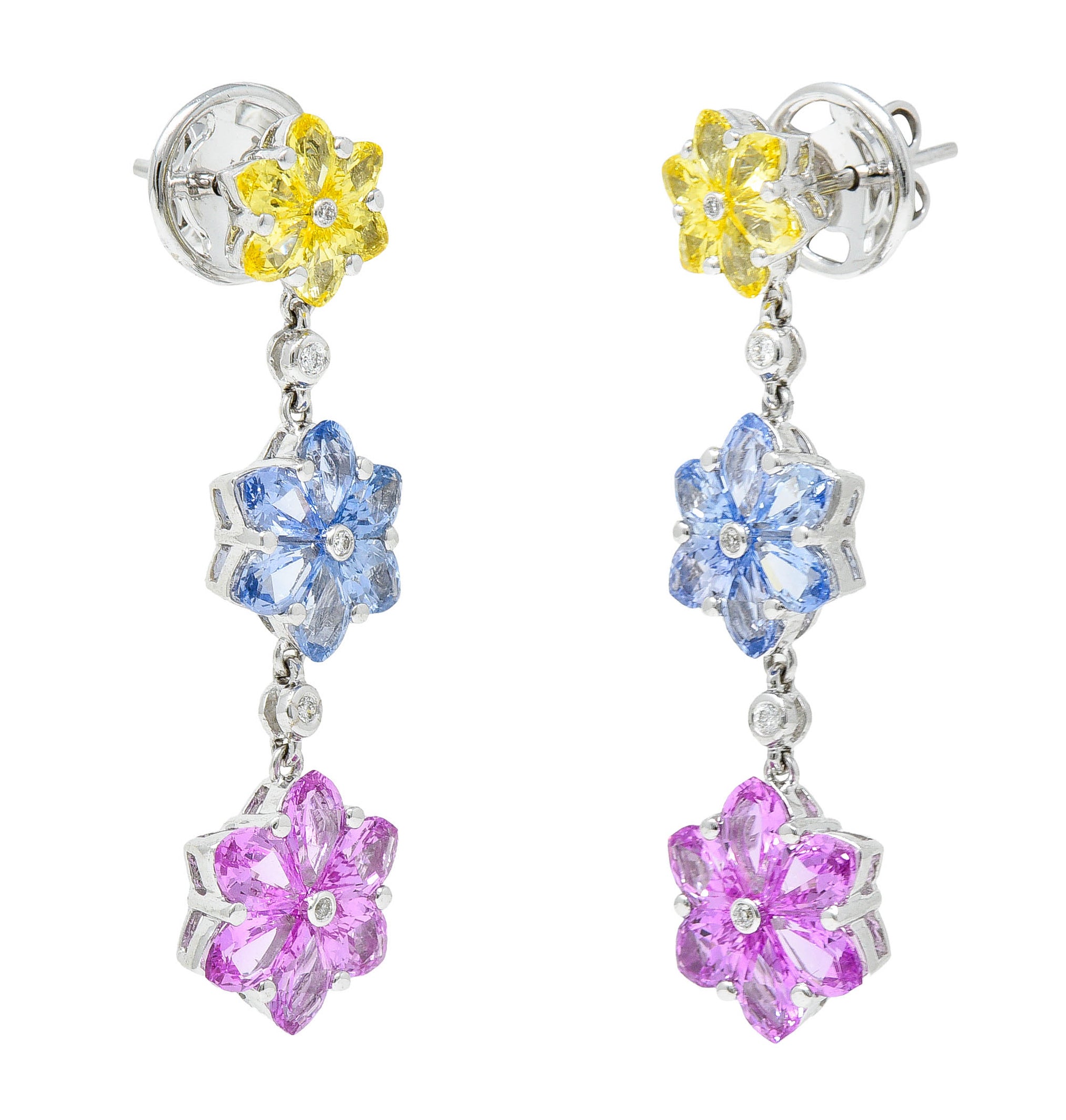 Contemporary 6.15 CTW Colored Sapphire Diamond 18 Karat White Gold Flower Drop EarringsEarrings - Wilson's Estate Jewelry