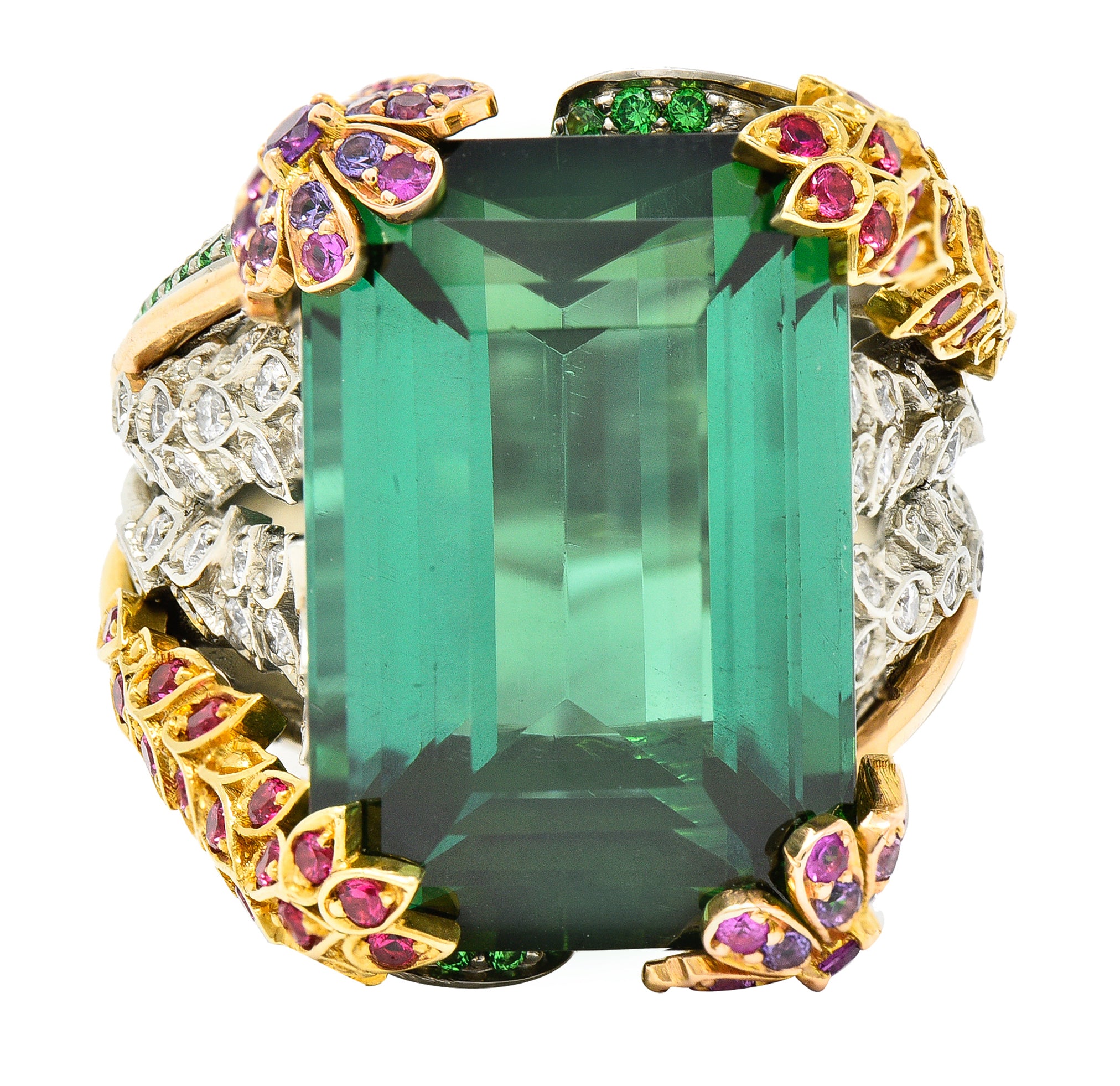 Substantial 28.59 CTW Tourmaline Sapphire Tsavorite Garnet Diamond 19 Karat Yellow Gold Contemporary Cocktail Ring Wilson's Estate Jewelry