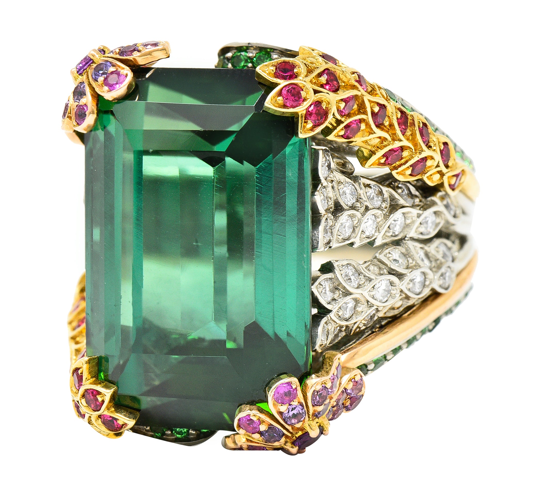 Substantial 28.59 CTW Tourmaline Sapphire Tsavorite Garnet Diamond 19 Karat Yellow Gold Contemporary Cocktail Ring Wilson's Estate Jewelry