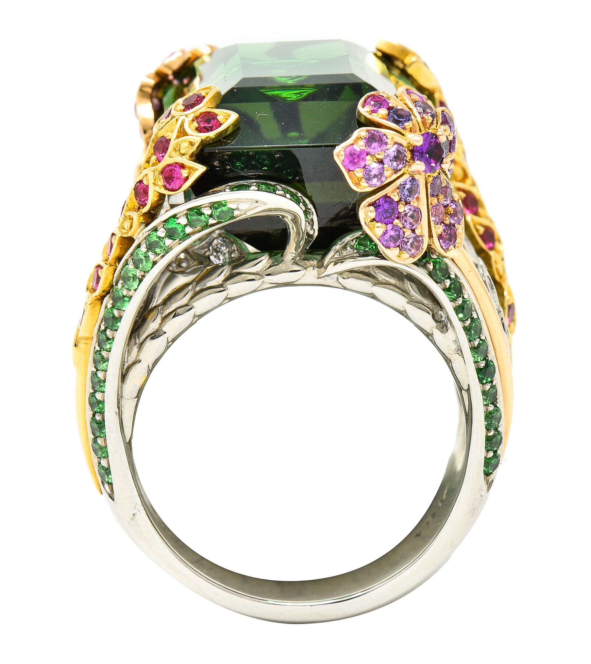 Substantial 28.59 CTW Tourmaline Sapphire Tsavorite Garnet Diamond 19 Karat Yellow Gold Contemporary Cocktail Ring Wilson's Estate Jewelry