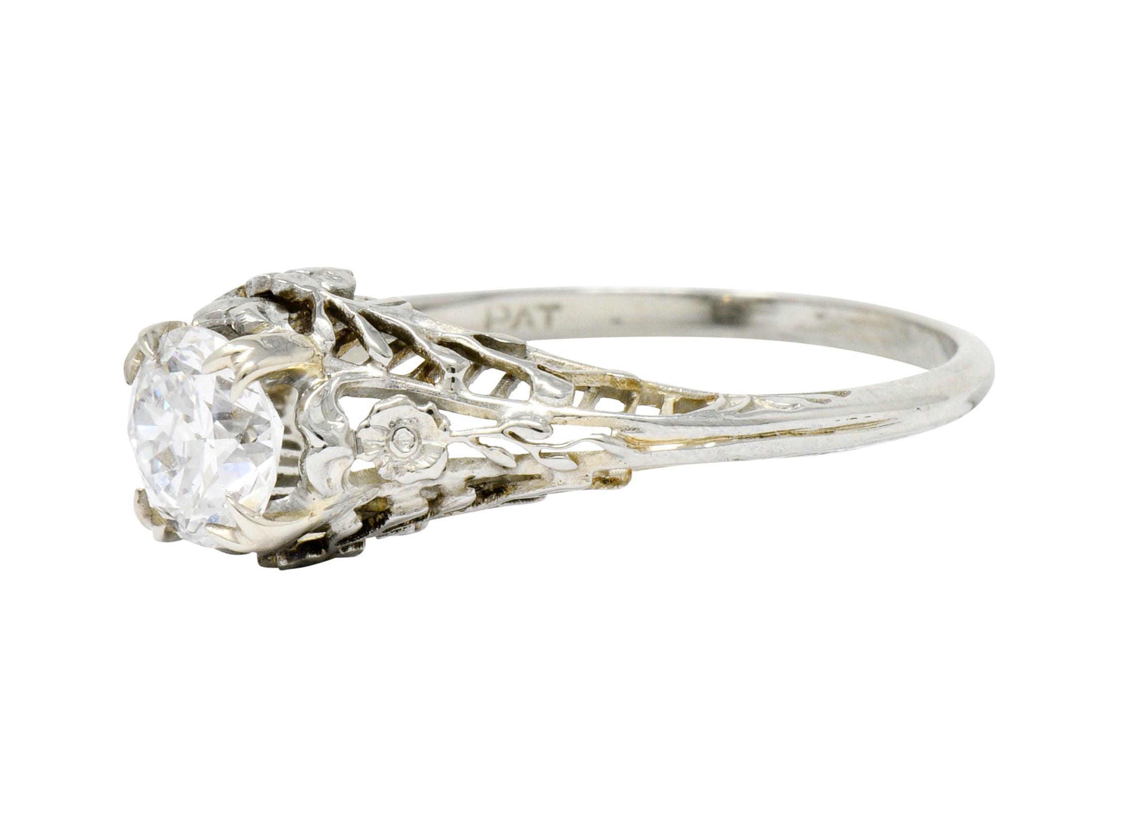 Edwardian 0.73 CTW Diamond 18 Karat White Gold Floral Engagement Ring GIA Wilson's Estate Jewelry