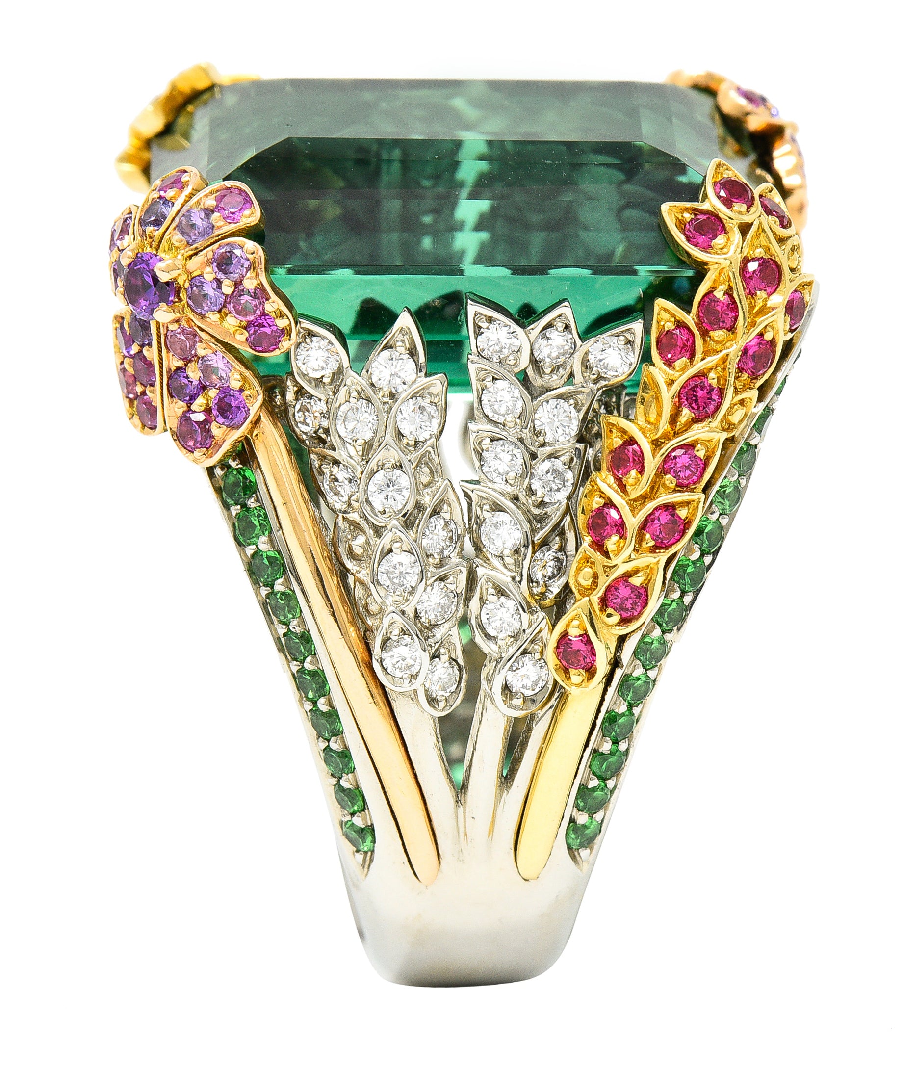 Substantial 28.59 CTW Tourmaline Sapphire Tsavorite Garnet Diamond 19 Karat Yellow Gold Contemporary Cocktail Ring Wilson's Estate Jewelry