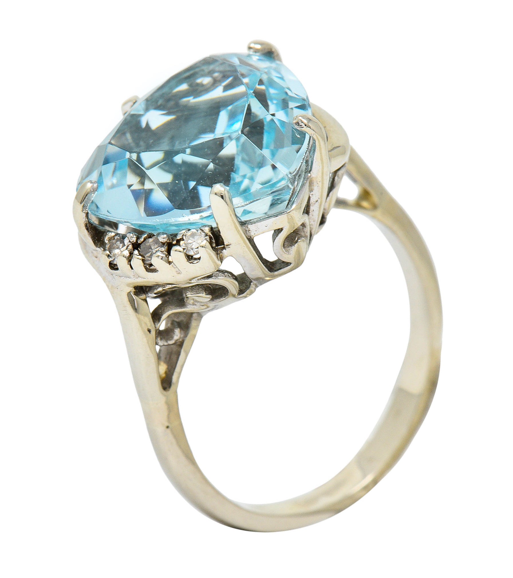 1950's Mid-Century 8.18 CTW Aquamarine Diamond 14 Karat White Gold Heart RingRing - Wilson's Estate Jewelry