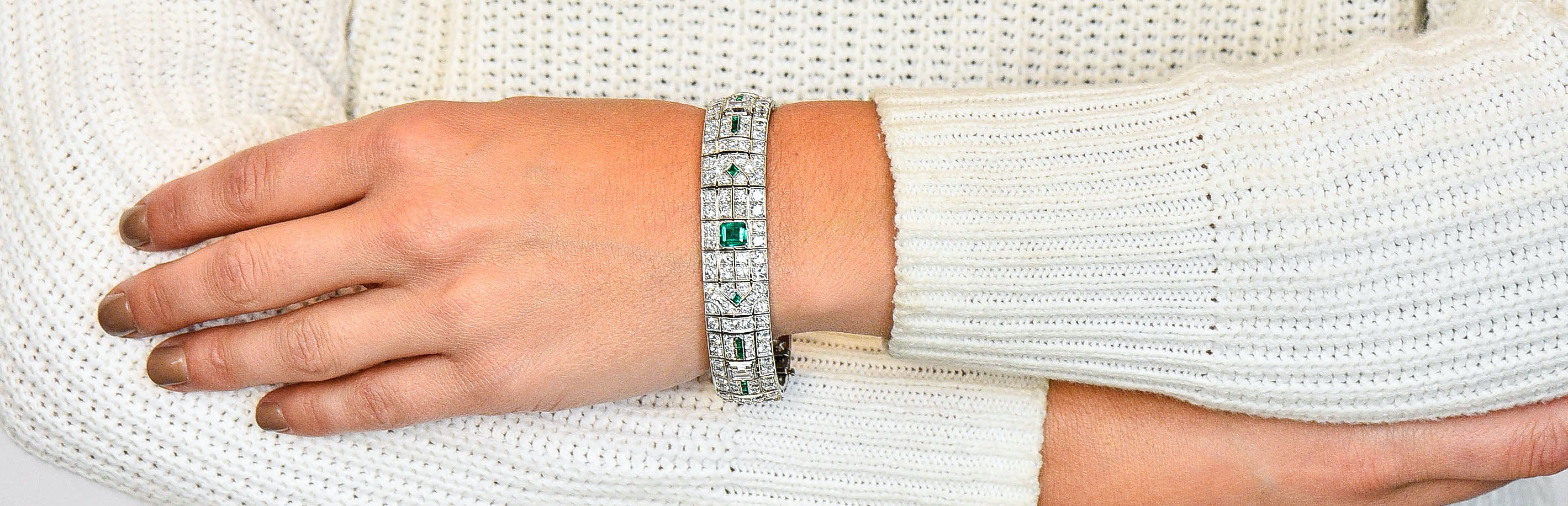 Exceptional Art Deco 23.96 CTW Diamond Emerald Platinum Geometric Link Braceletbracelet - Wilson's Estate Jewelry