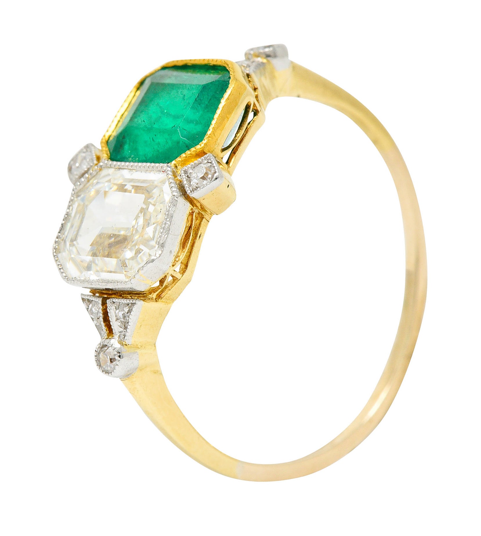 1920's Art Deco Diamond Emerald Platinum-Topped 18 Karat Gold Double RingRing - Wilson's Estate Jewelry