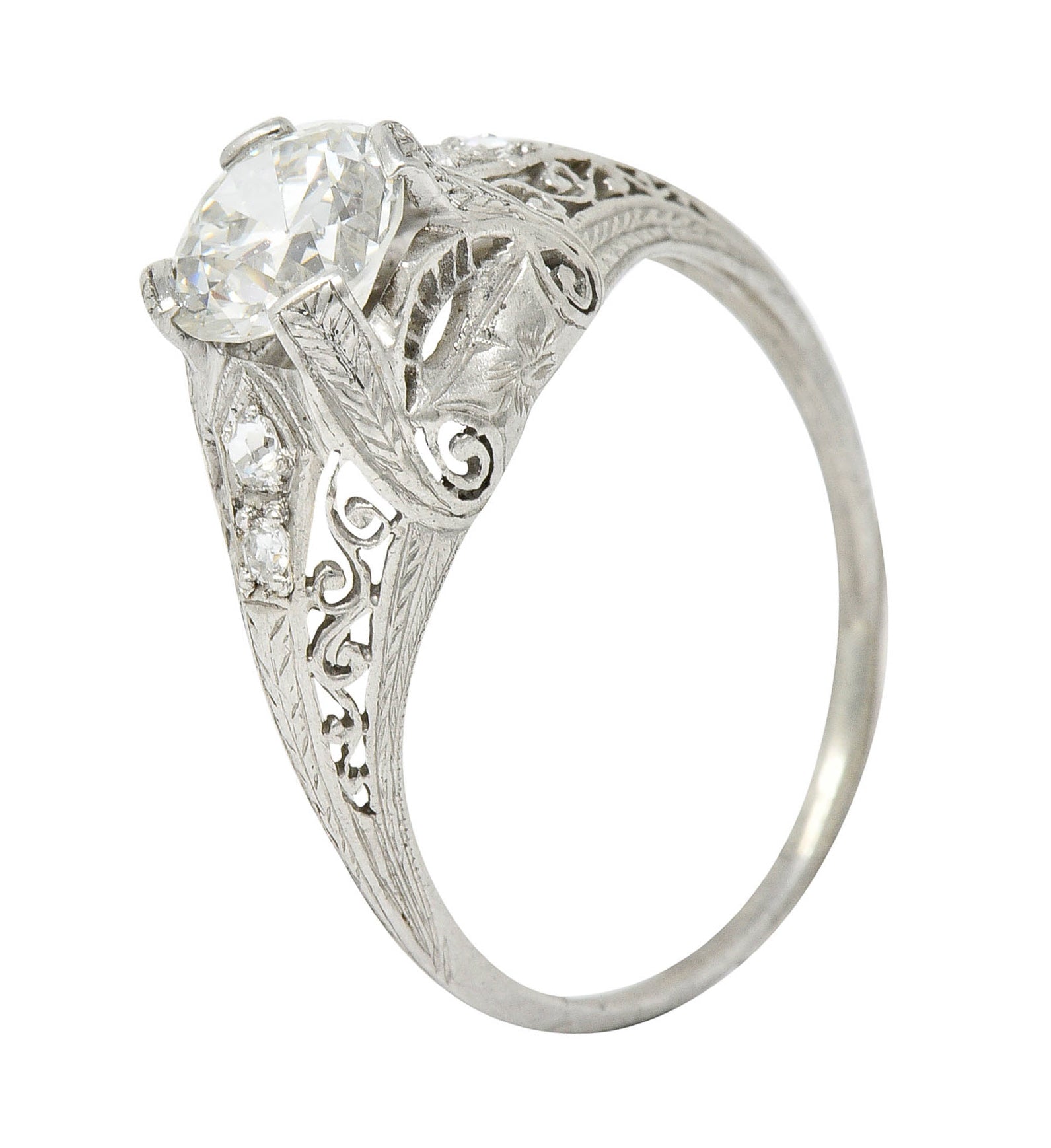 Edwardian 1.25 CTW Diamond Platinum Scrolled Engagement Ring GIARing - Wilson's Estate Jewelry