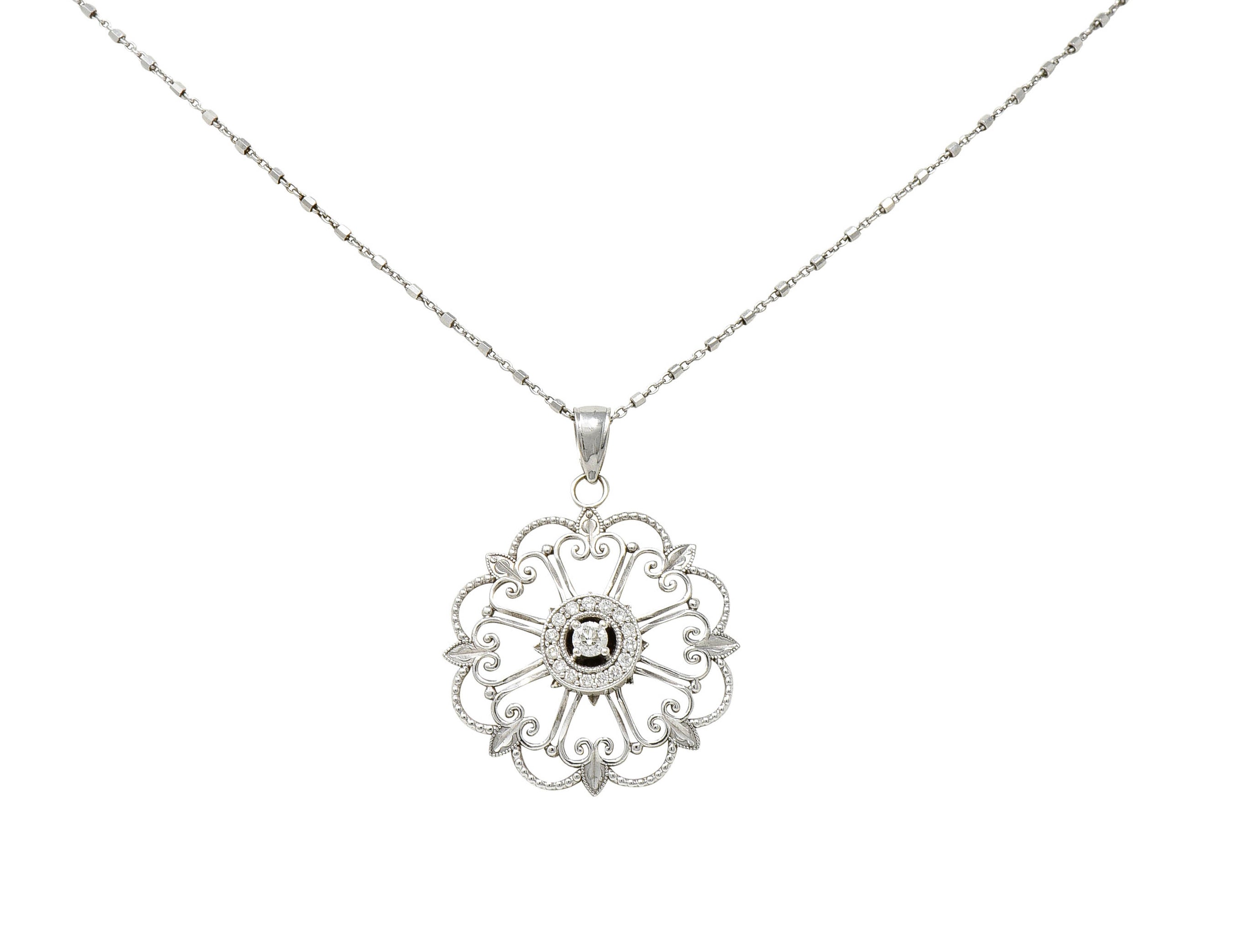 Modern Diamond 14 Karat White Gold Floral Mandala Pendant NecklaceNecklace - Wilson's Estate Jewelry