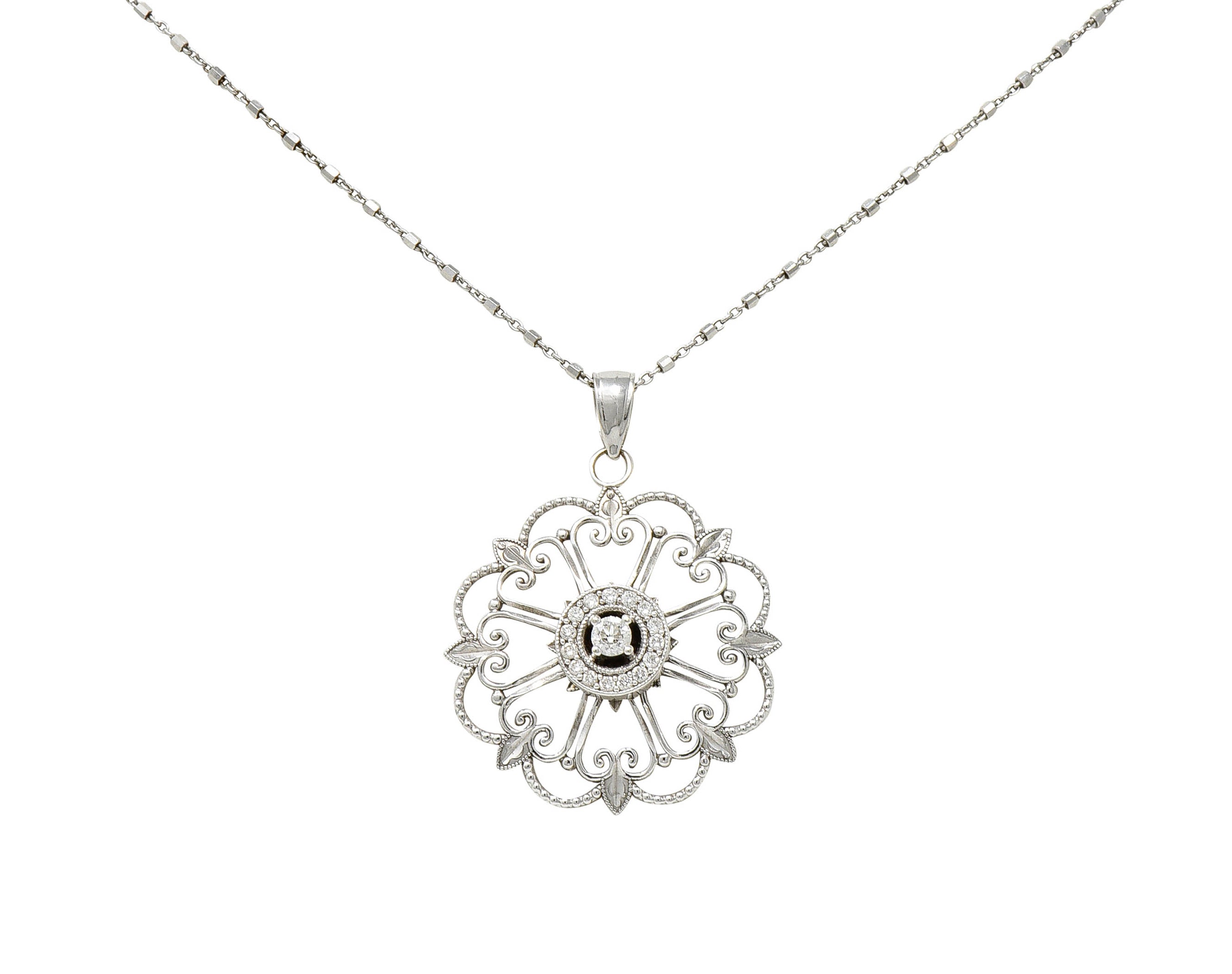 Modern Diamond 14 Karat White Gold Floral Mandala Pendant NecklaceNecklace - Wilson's Estate Jewelry