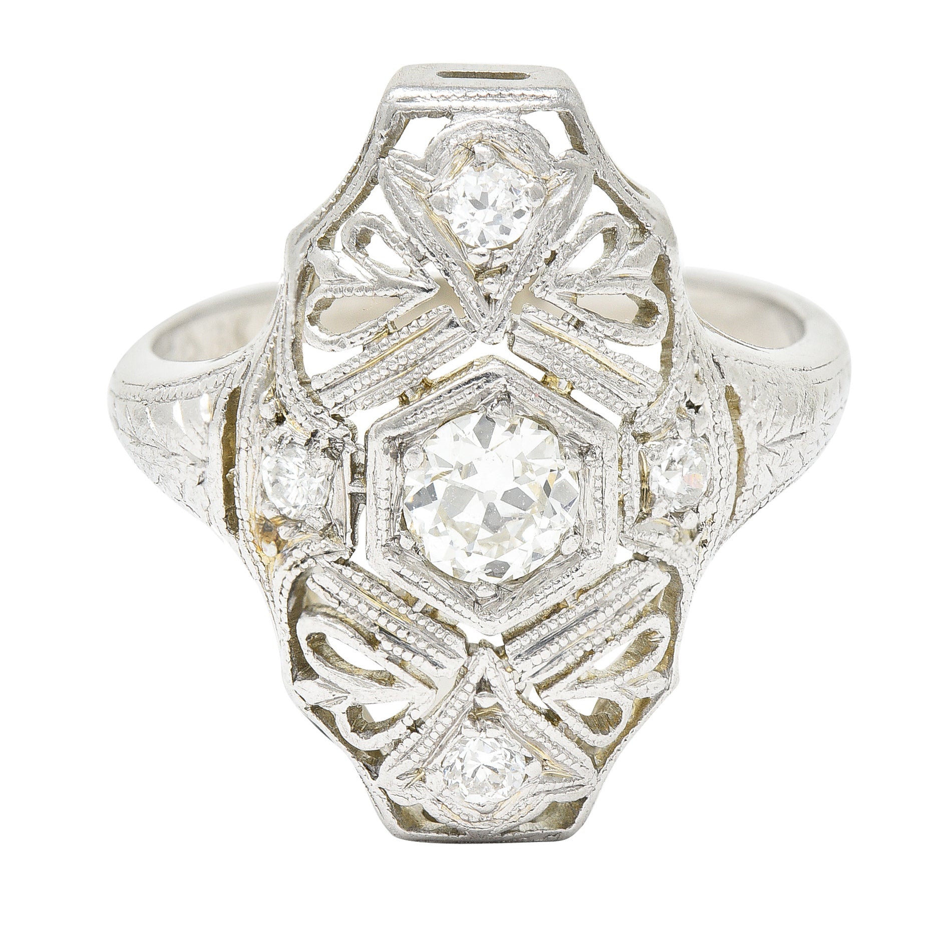 1950's Mid-Century Old European Cut Diamond 18 Karat White Gold Filigree Vintage Dinner Ring Wilson's Estate Jewelry